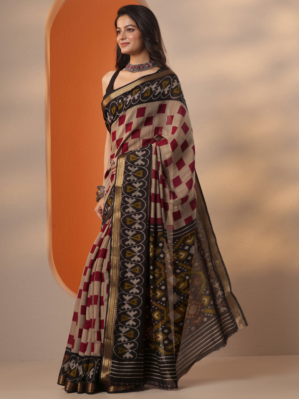 Anouk Beige Printed Silk Blend Saree With Unstitched Blouse Piece