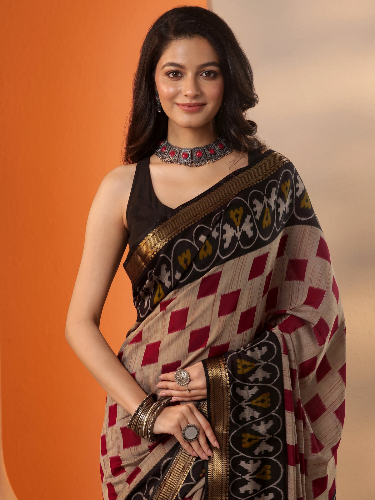 Anouk Beige Printed Silk Blend Saree With Unstitched Blouse Piece