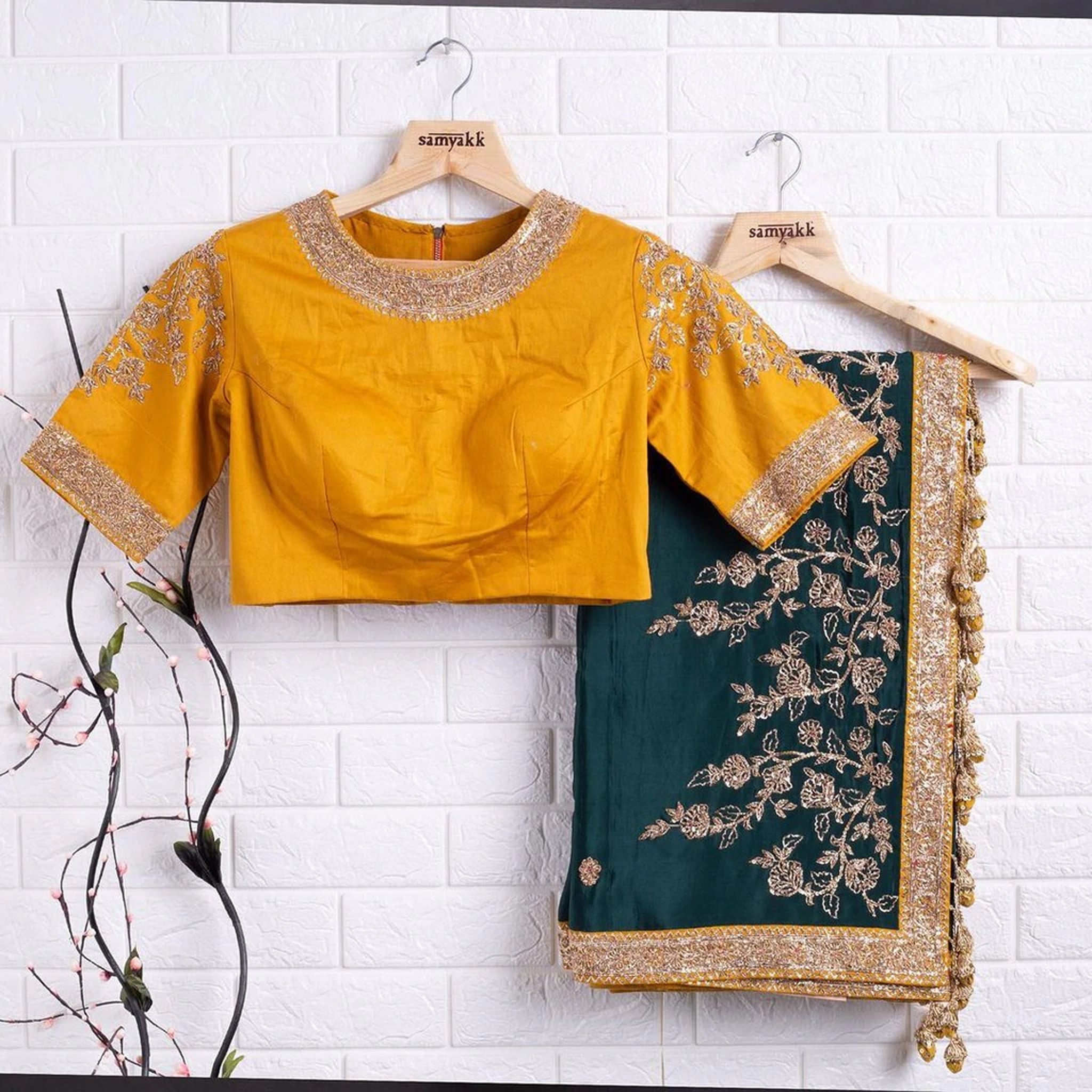 Green Silk saree and Yellow Blouse with Heavy Embroidery Work