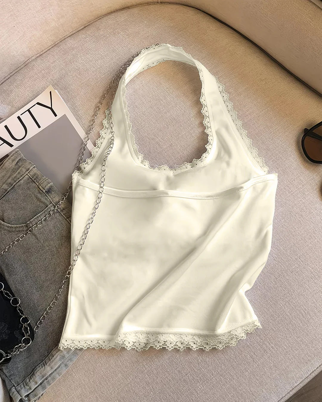 Halter Neck  Slim Fit Cropped Lace Detail Top in Beige