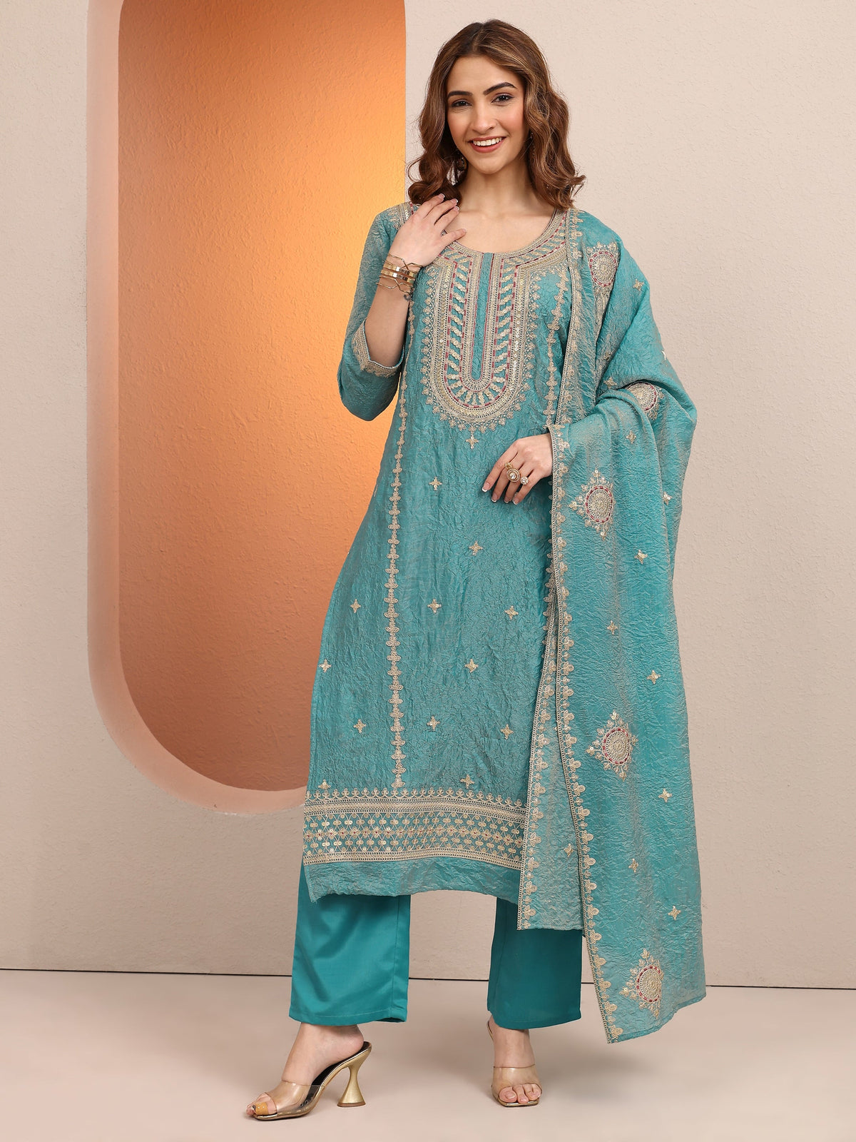 Anouk Blue Embroidered Organza Straight Suit Set With Dupatta