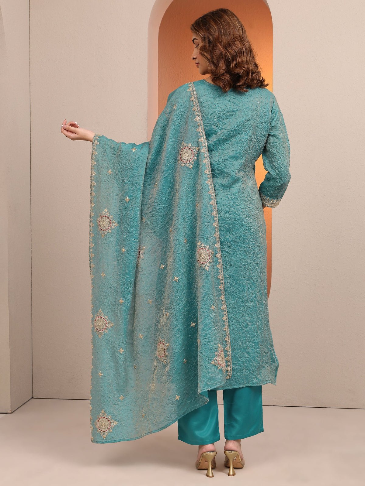Anouk Blue Embroidered Organza Straight Suit Set With Dupatta