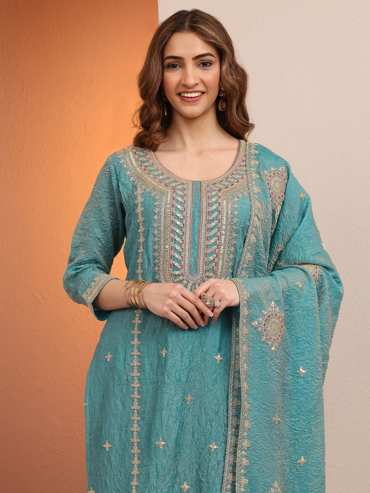Anouk Blue Embroidered Organza Straight Suit Set With Dupatta