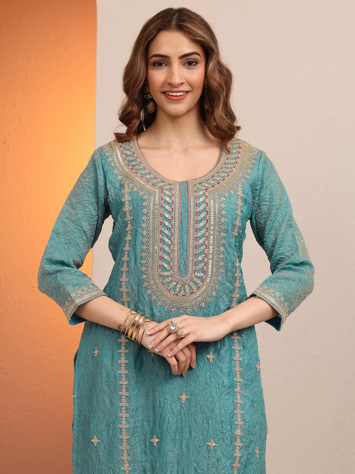 Anouk Blue Embroidered Organza Straight Suit Set With Dupatta