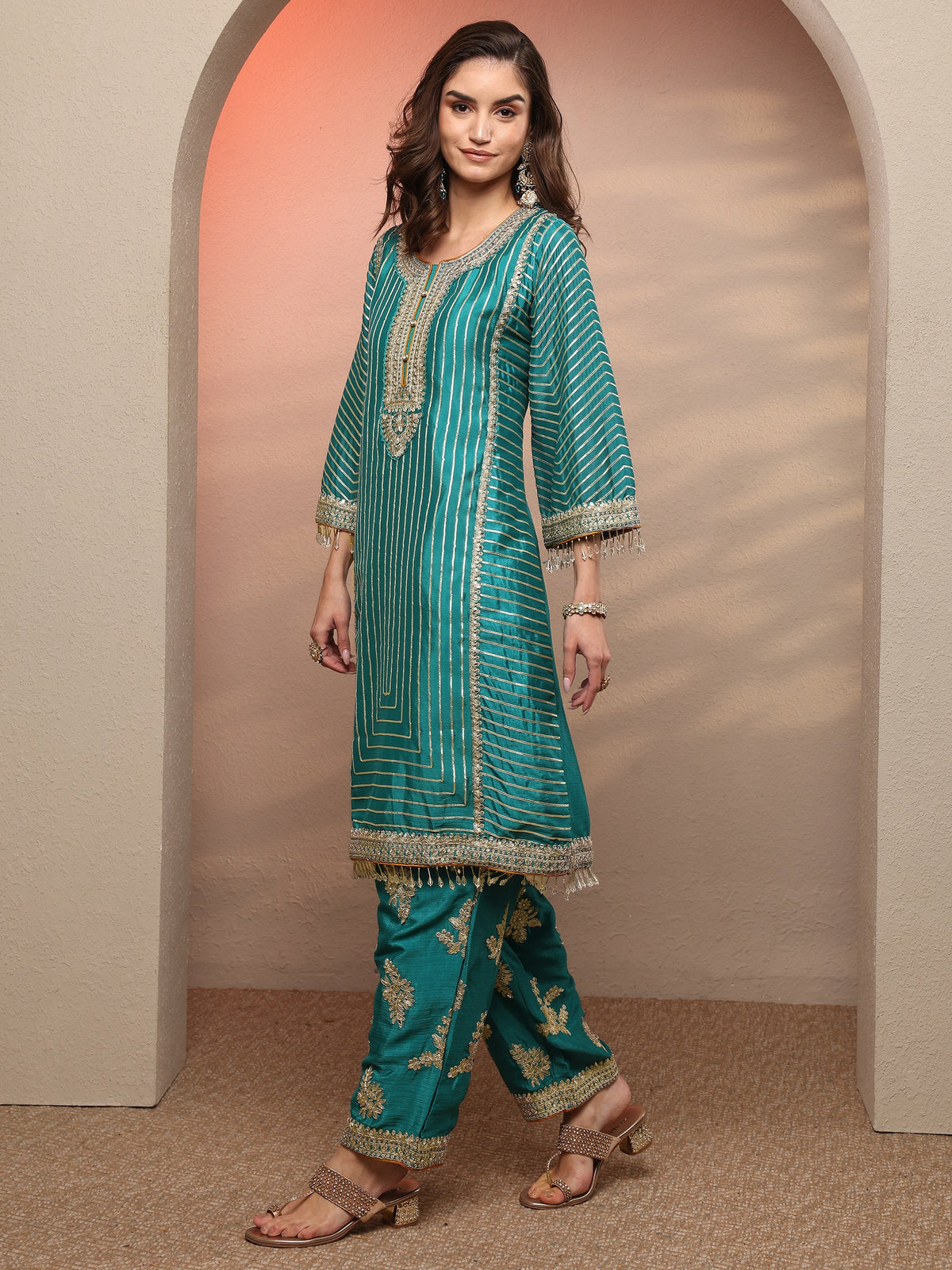 Anouk Blue Striped Embellished Silk Blend Suit Set With Dupatta