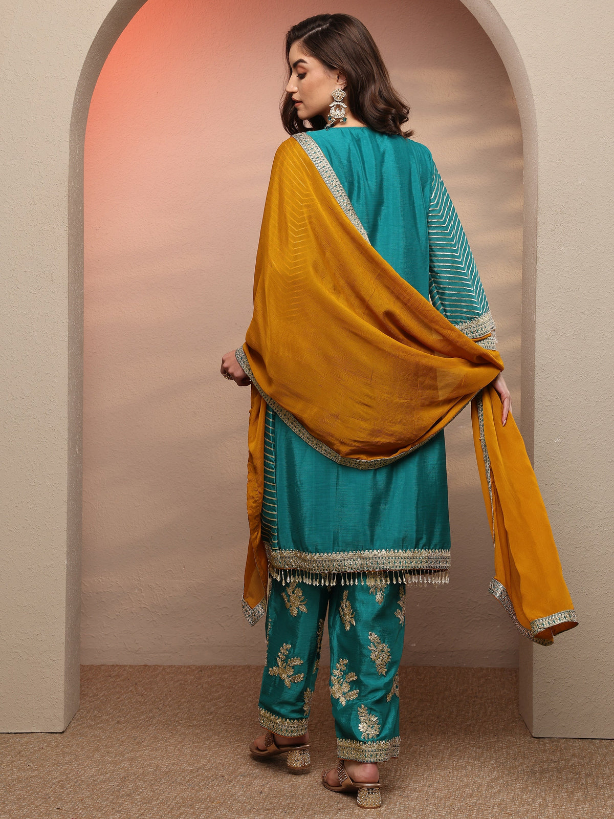 Anouk Blue Striped Embellished Silk Blend Suit Set With Dupatta