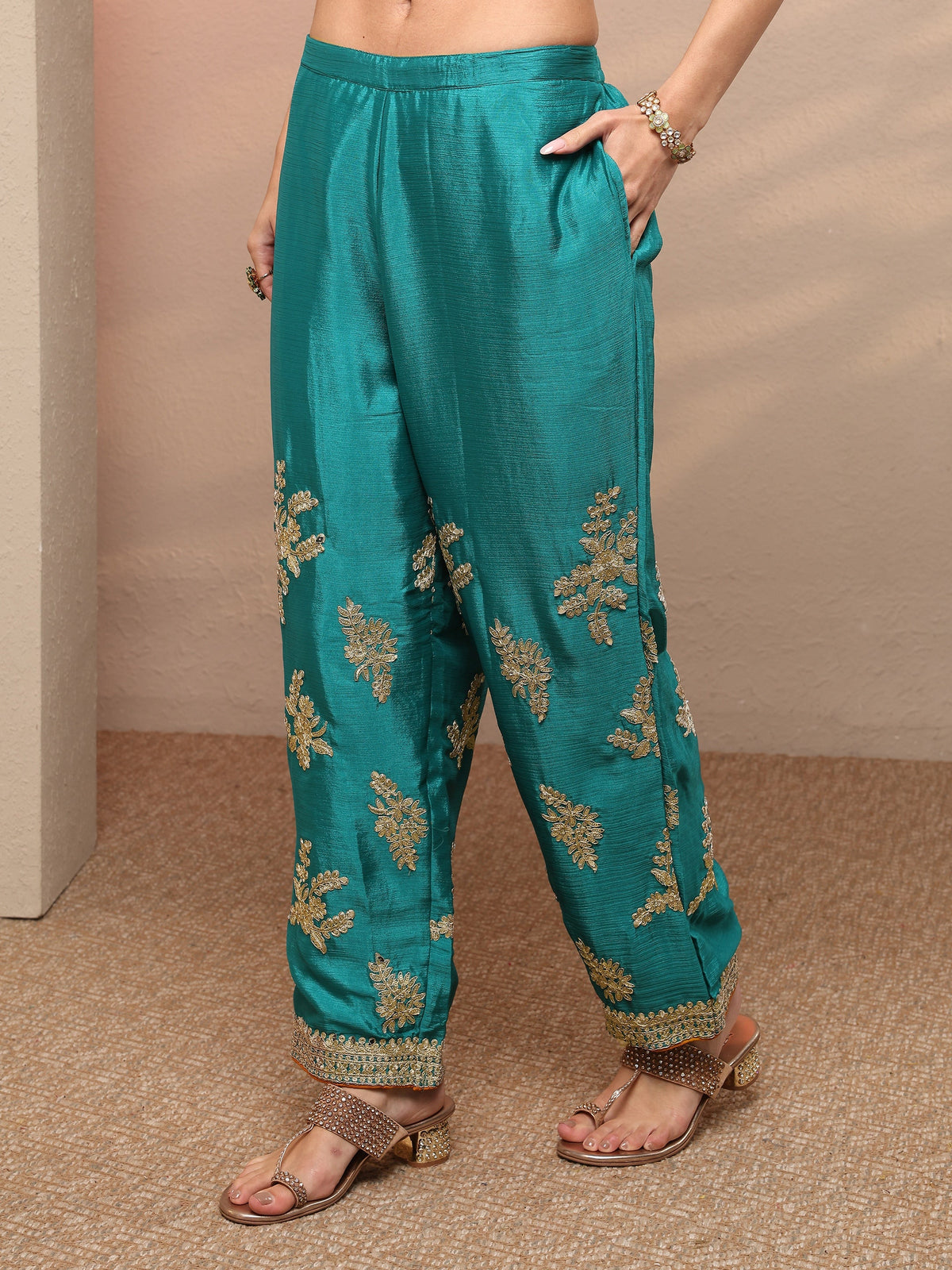 Anouk Blue Striped Embellished Silk Blend Suit Set With Dupatta