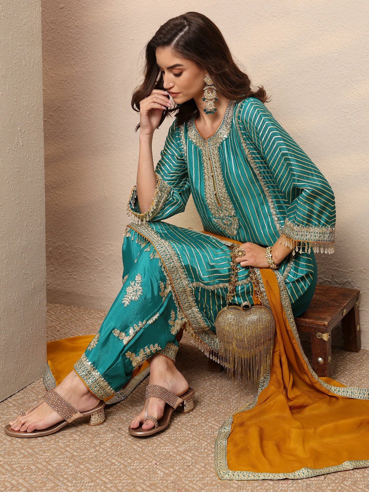 Anouk Blue Striped Embellished Silk Blend Suit Set With Dupatta