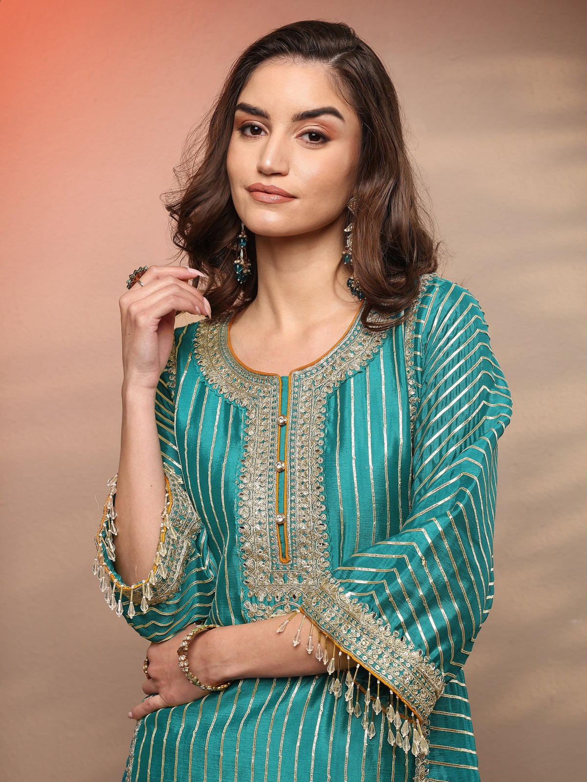 Anouk Blue Striped Embellished Silk Blend Suit Set With Dupatta