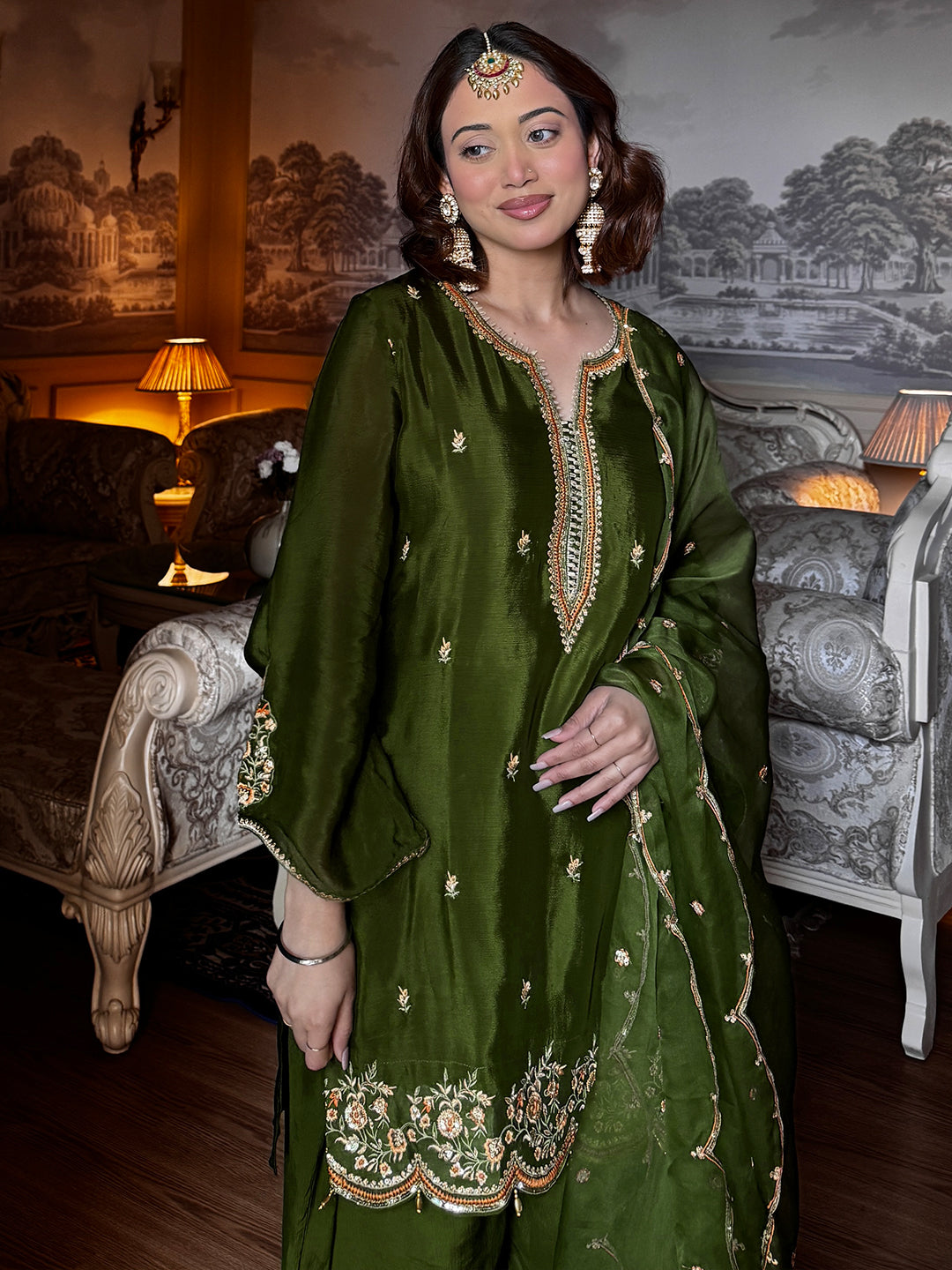 Anouk Green Embroidered Chinon Straight Suit Set With Dupatta