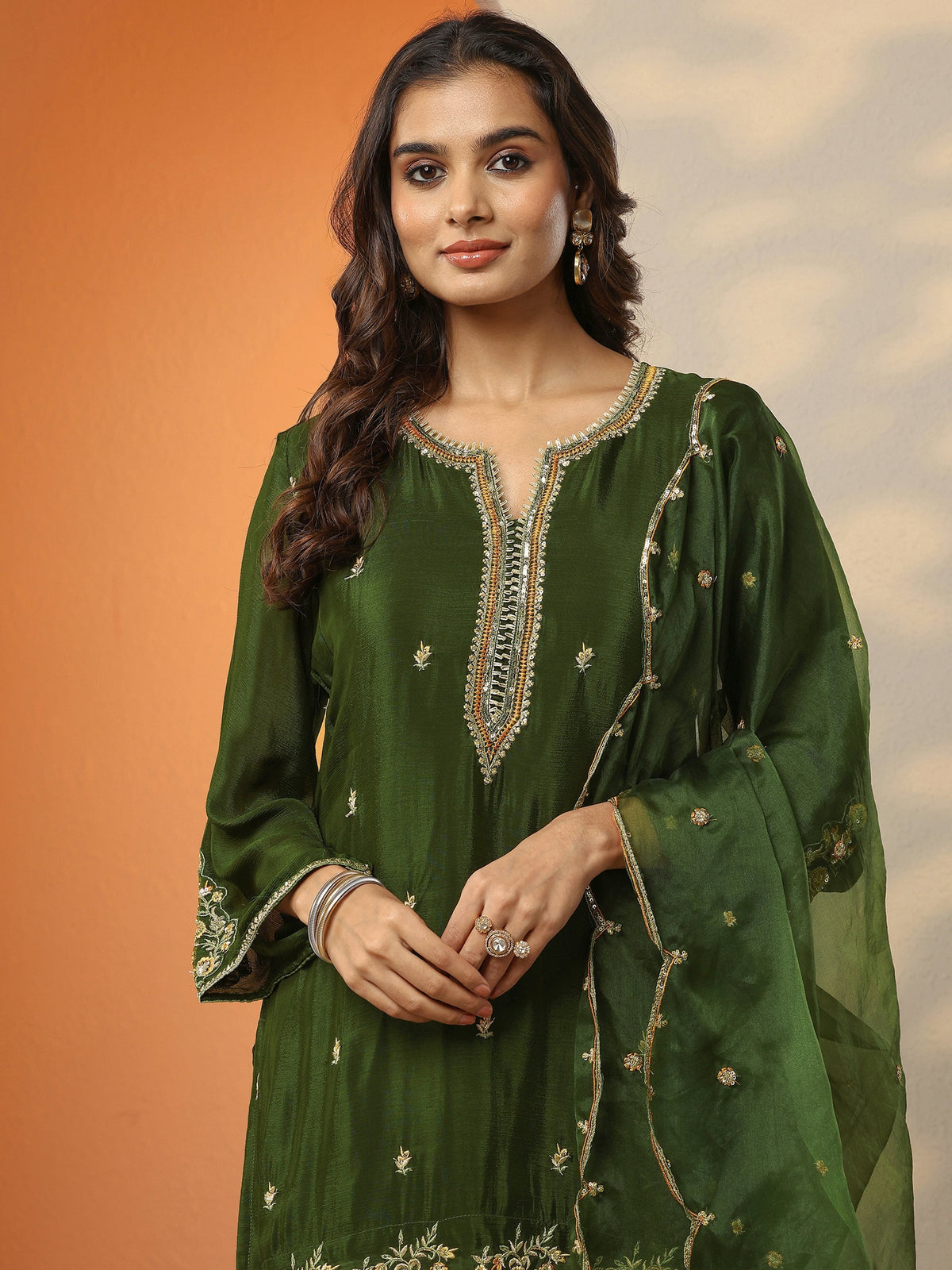 Anouk Green Embroidered Chinon Straight Suit Set With Dupatta