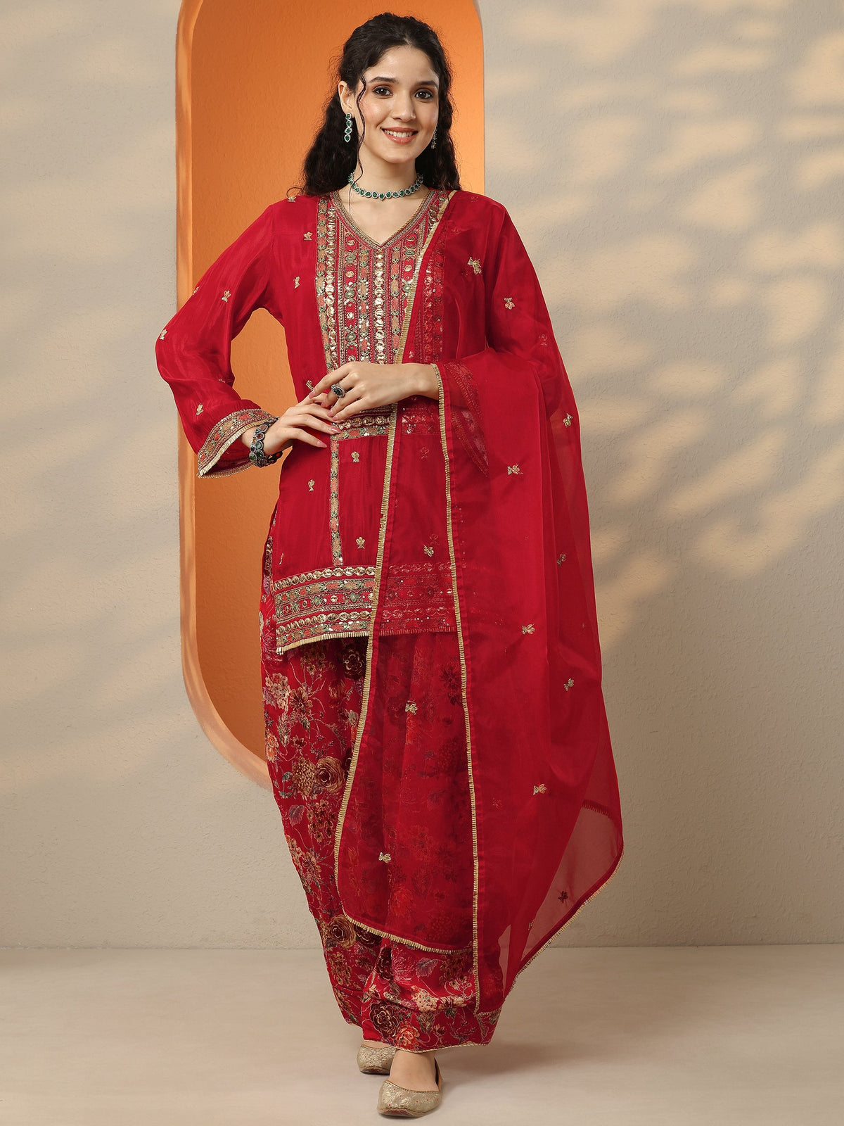Anouk Maroon Embroidered Chinon Straight Suit Set With Dupatta