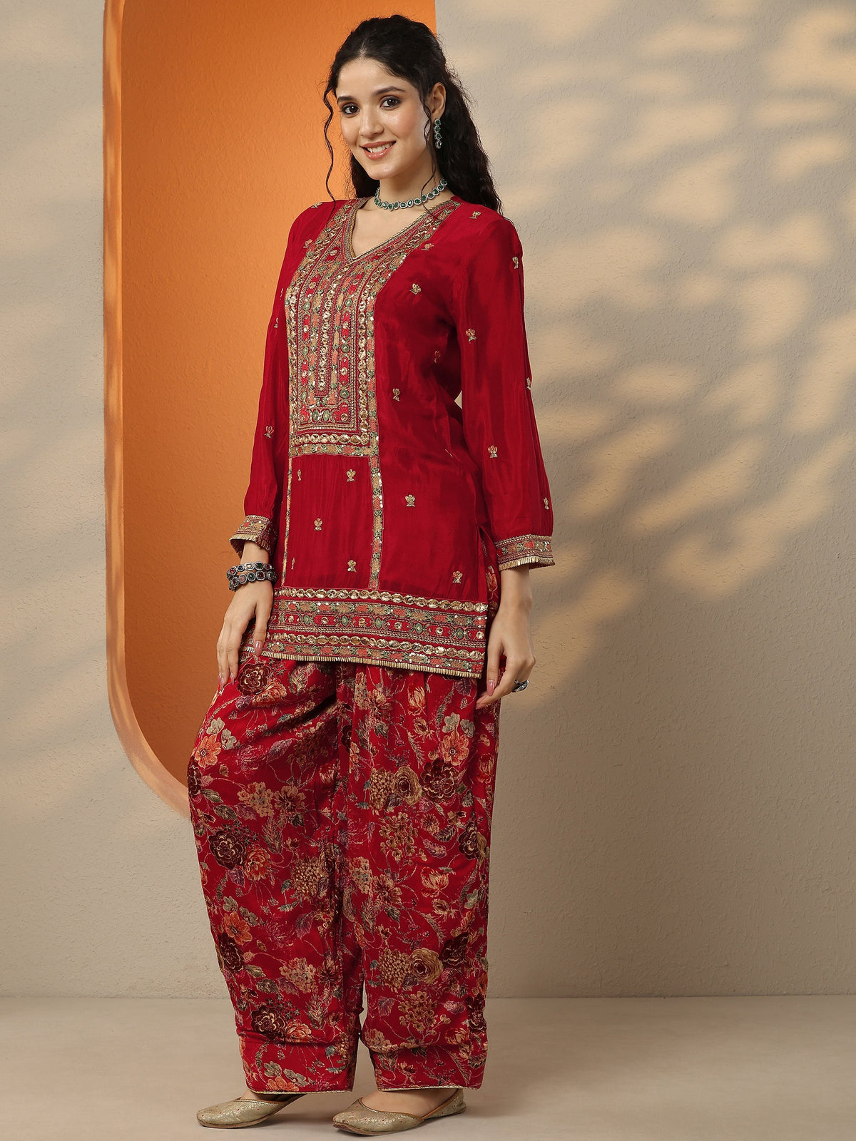 Anouk Maroon Embroidered Chinon Straight Suit Set With Dupatta