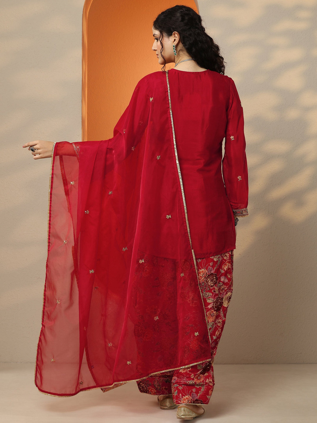 Anouk Maroon Embroidered Chinon Straight Suit Set With Dupatta