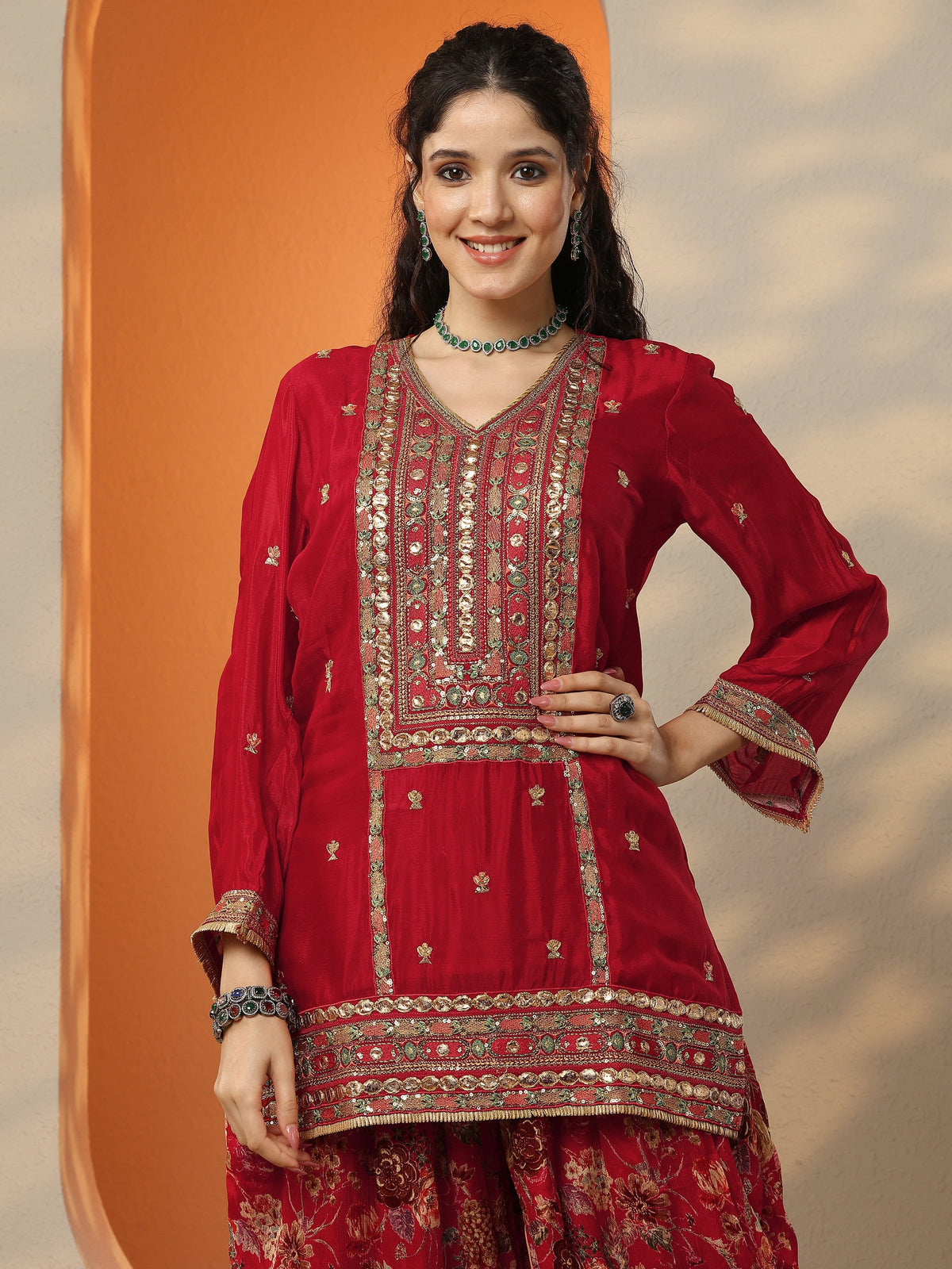 Anouk Maroon Embroidered Chinon Straight Suit Set With Dupatta