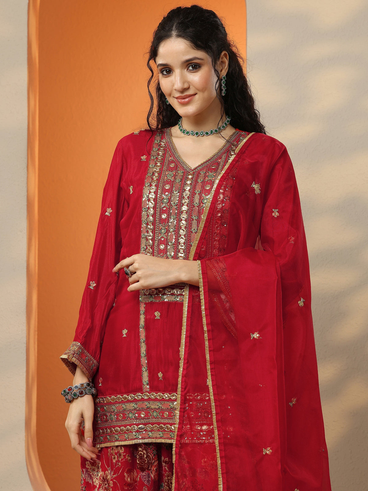 Anouk Maroon Embroidered Chinon Straight Suit Set With Dupatta