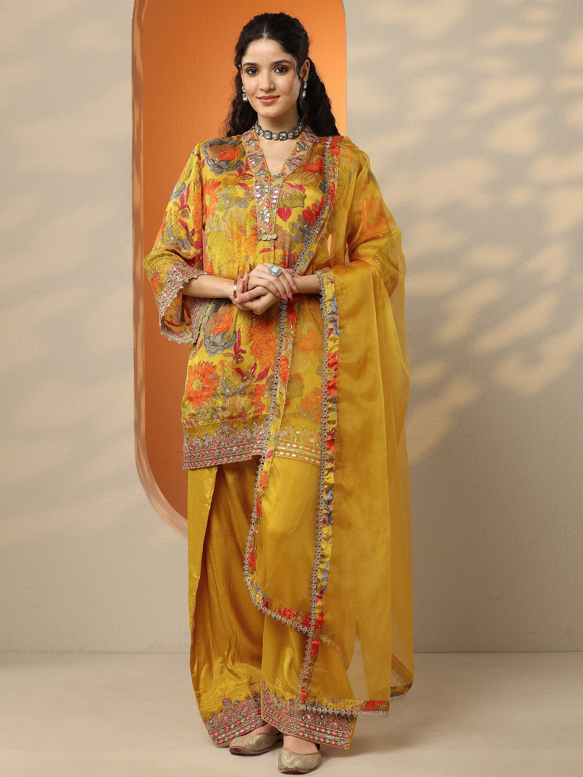 Anouk Mustard Printed Chinon Straight Suit Set With Dupatta