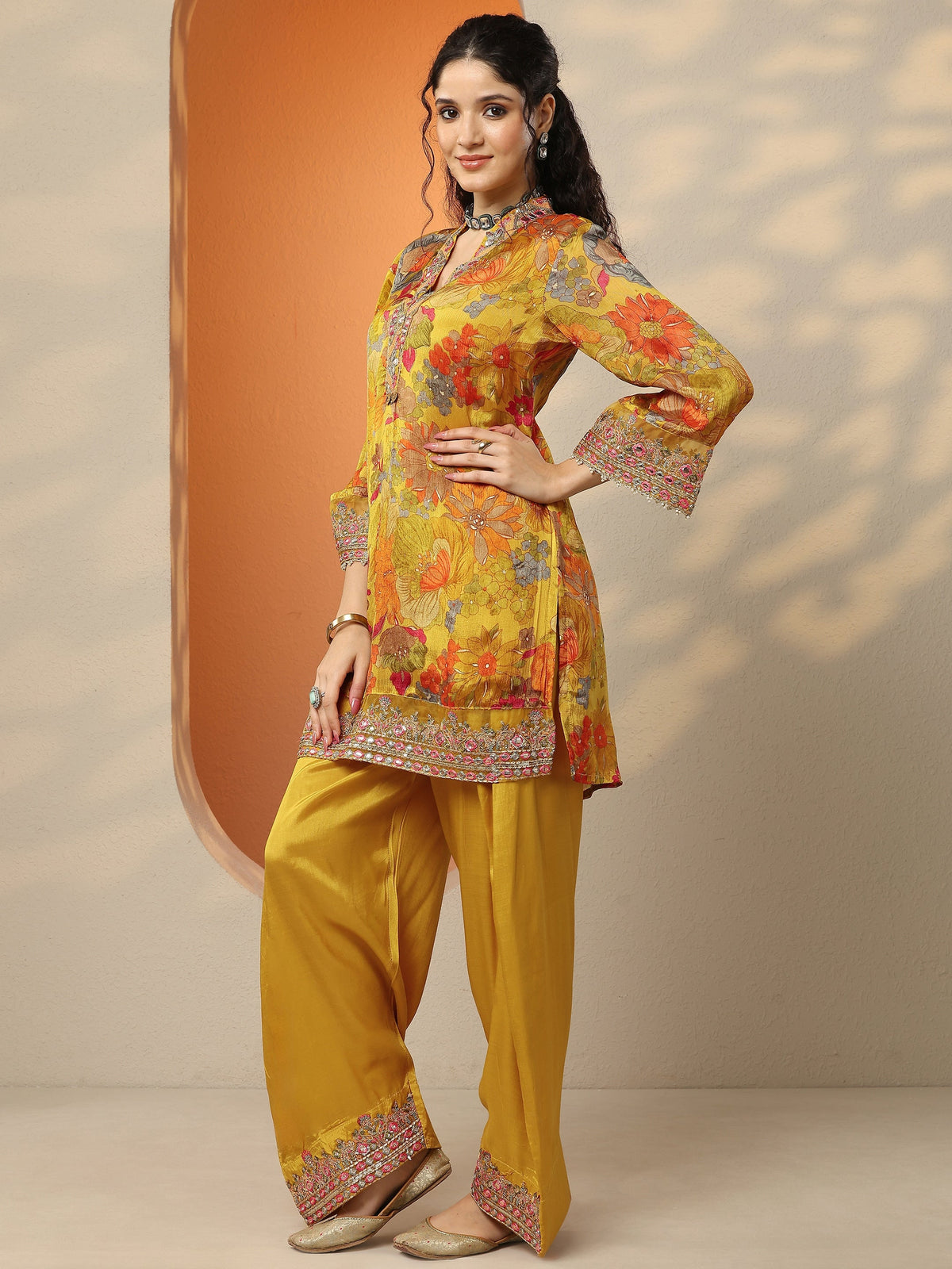 Anouk Mustard Printed Chinon Straight Suit Set With Dupatta