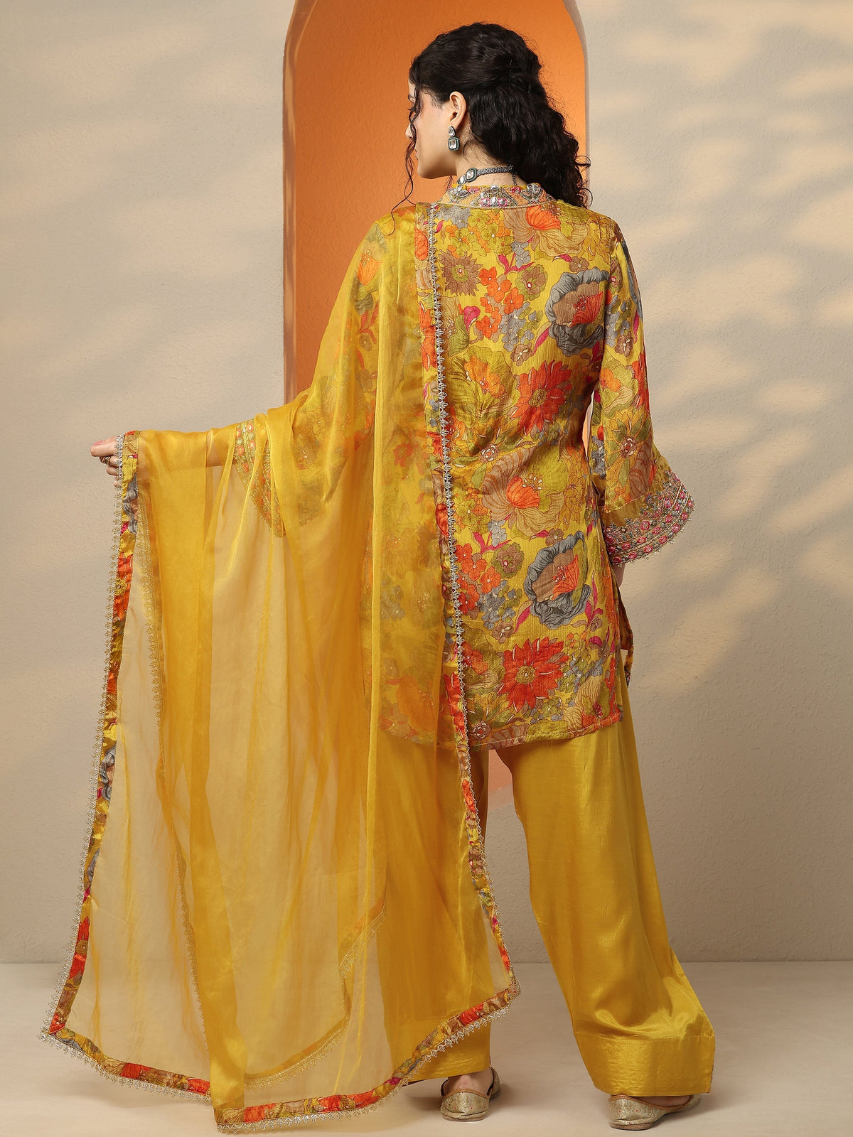 Anouk Mustard Printed Chinon Straight Suit Set With Dupatta