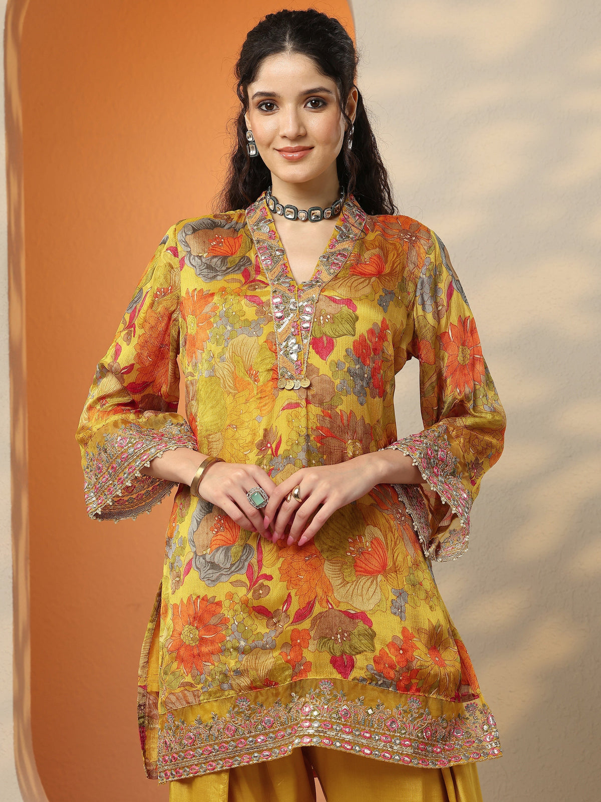 Anouk Mustard Printed Chinon Straight Suit Set With Dupatta