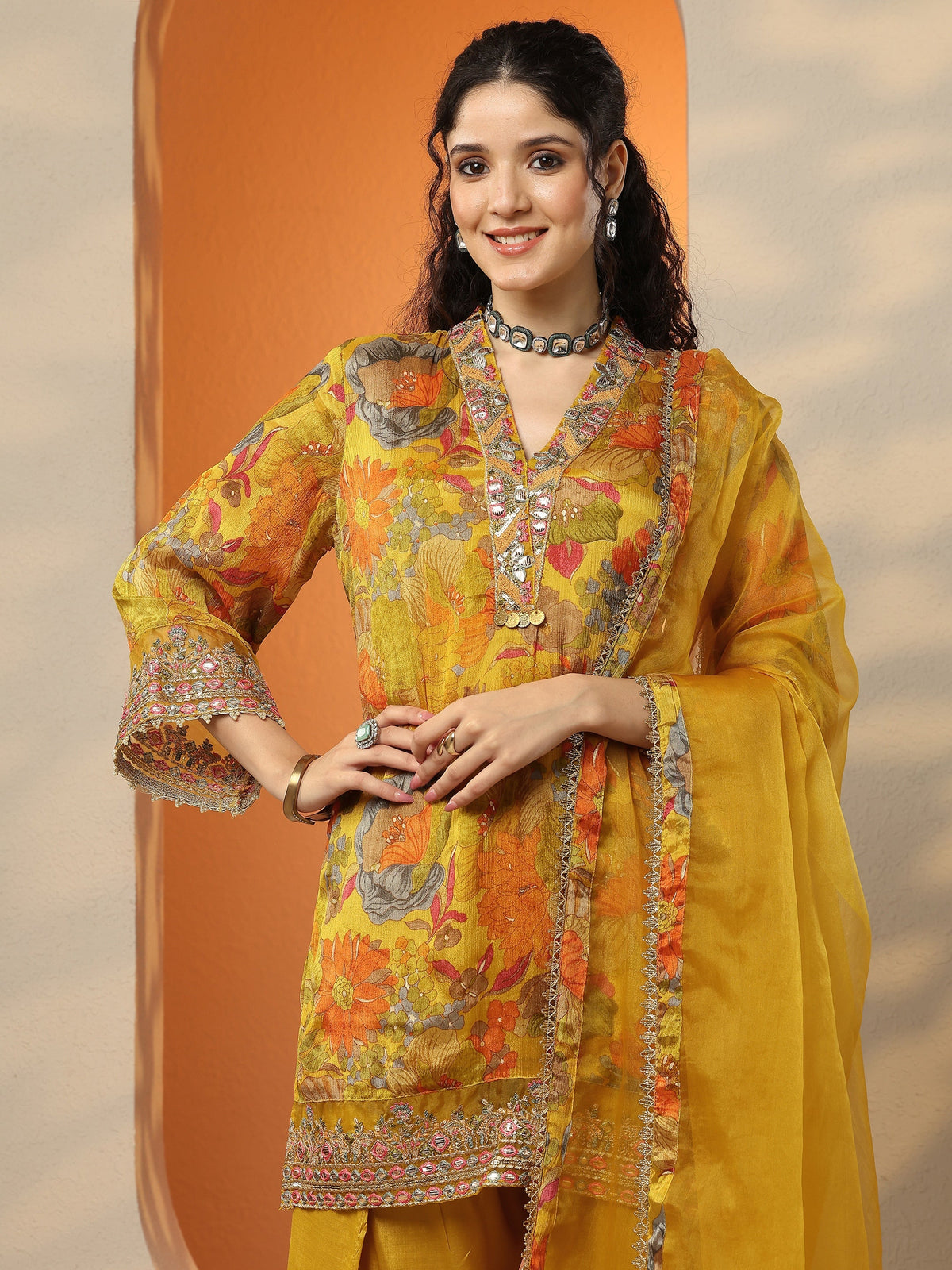 Anouk Mustard Printed Chinon Straight Suit Set With Dupatta