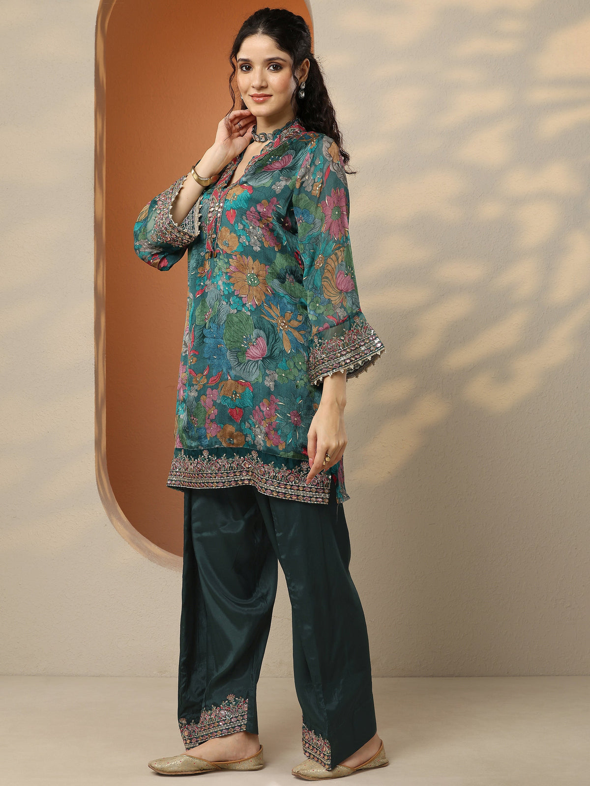 Anouk Green Printed Chinon Straight Suit Set With Dupatta