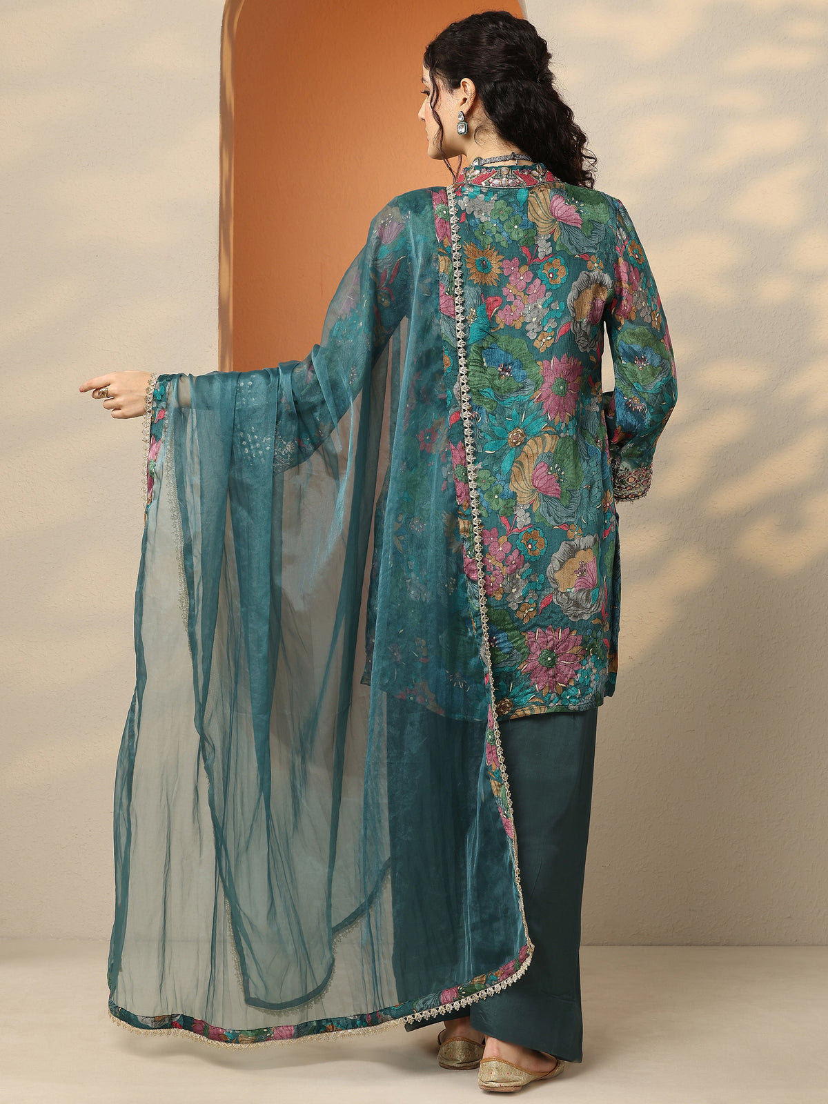 Anouk Green Printed Chinon Straight Suit Set With Dupatta