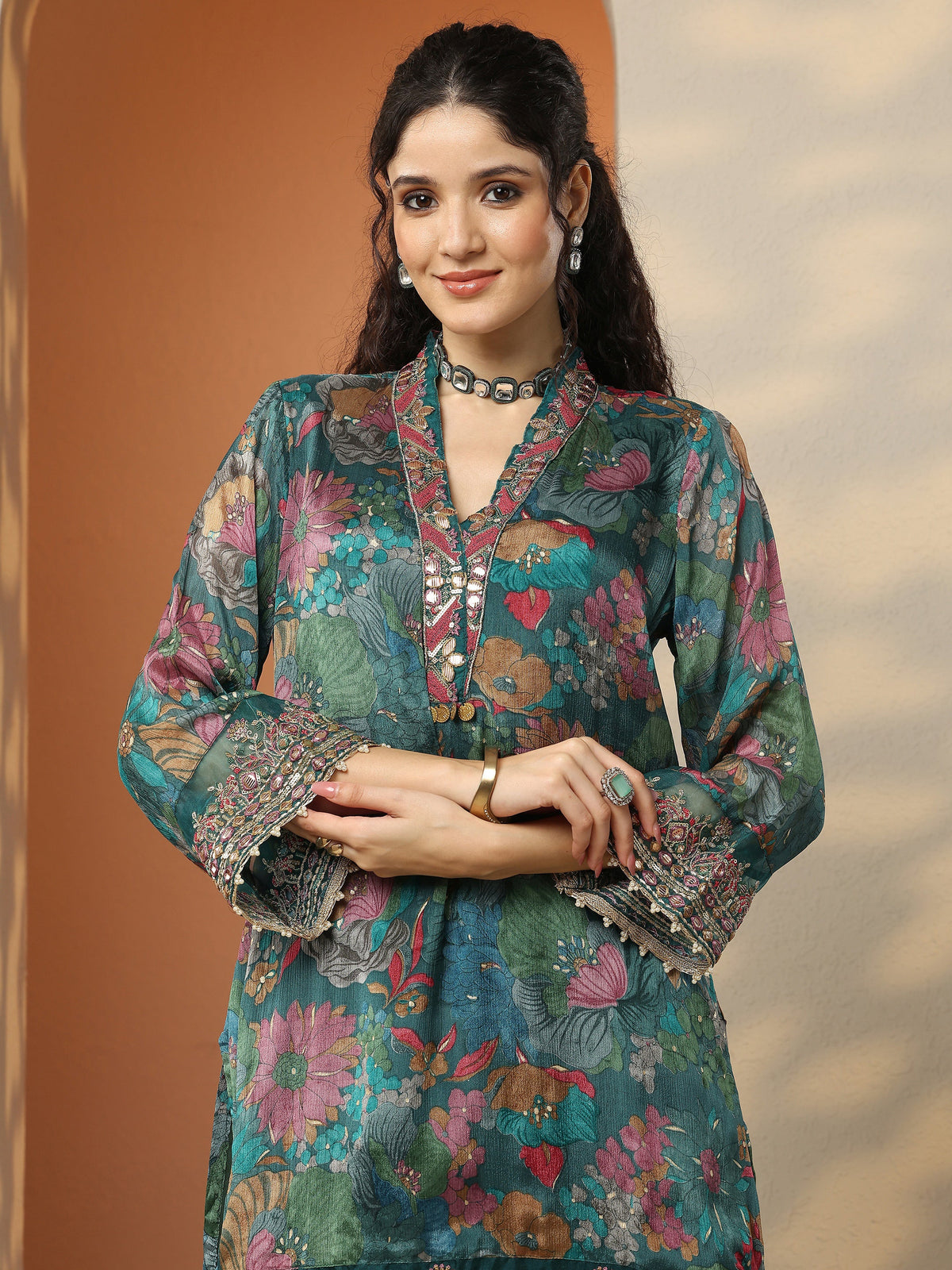 Anouk Green Printed Chinon Straight Suit Set With Dupatta
