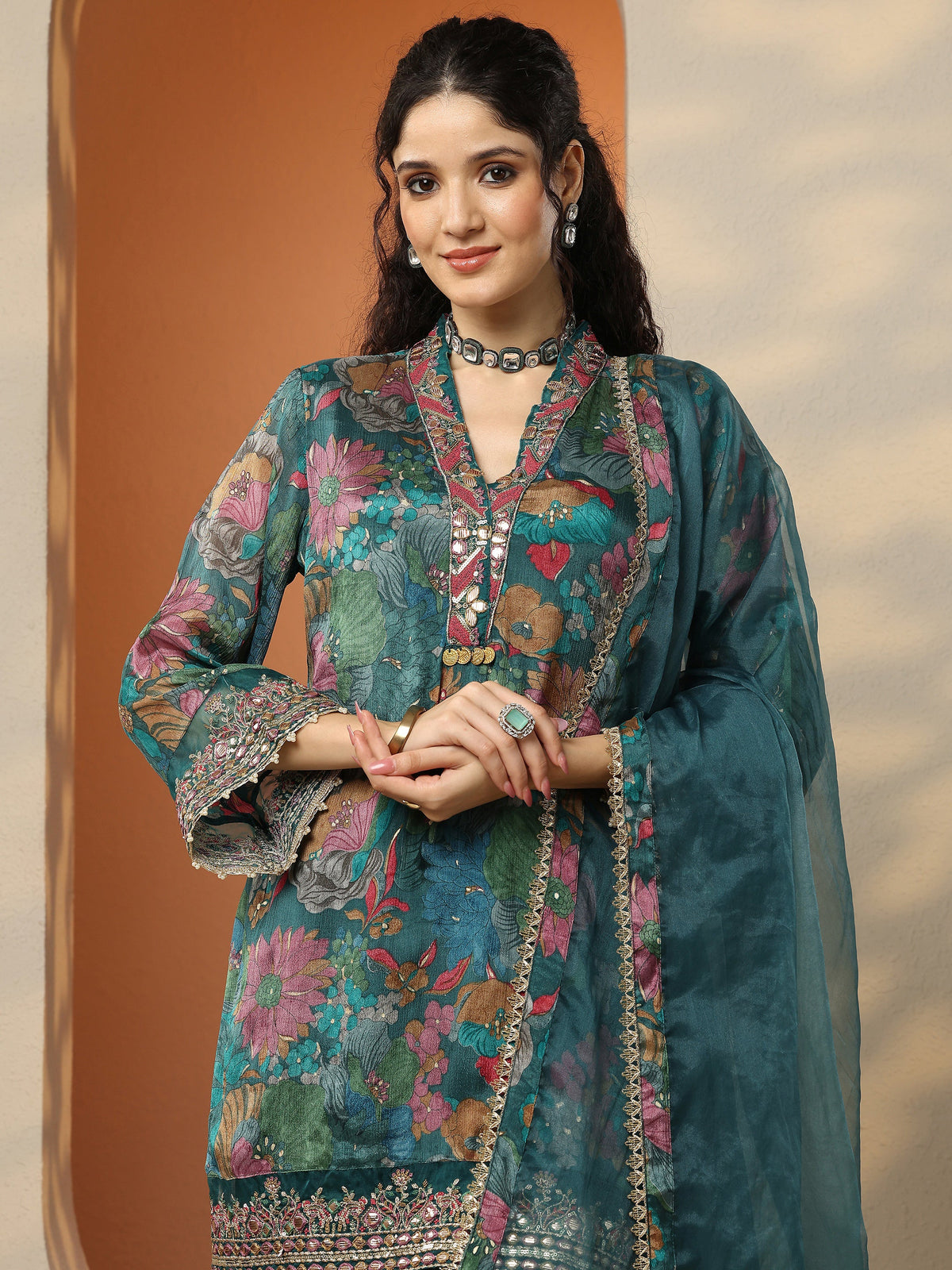 Anouk Green Printed Chinon Straight Suit Set With Dupatta