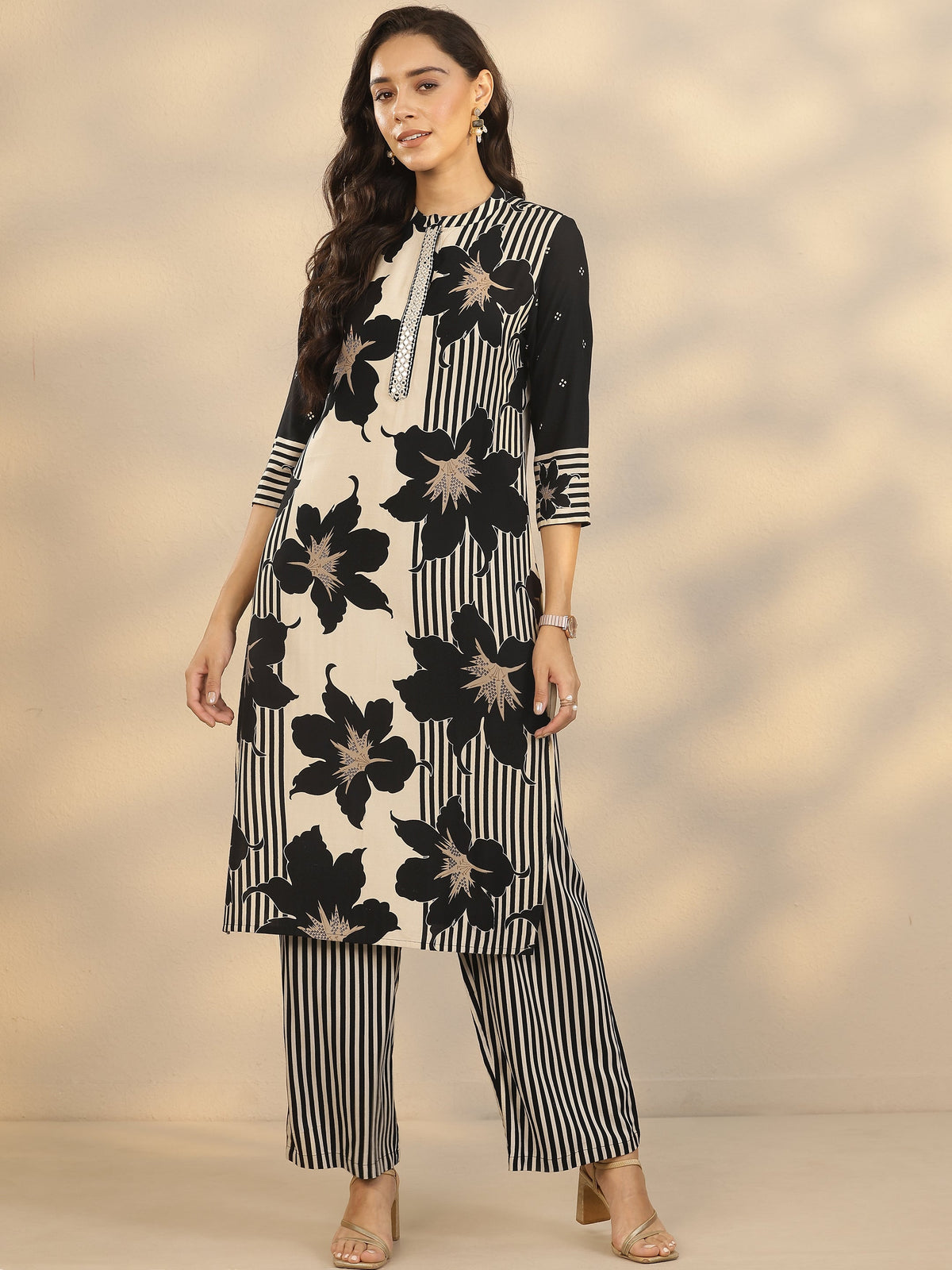 Anouk Black Printed Silk Blend Straight Kurta Set