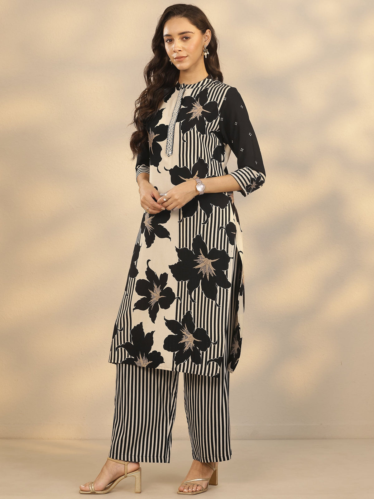 Anouk Black Printed Silk Blend Straight Kurta Set