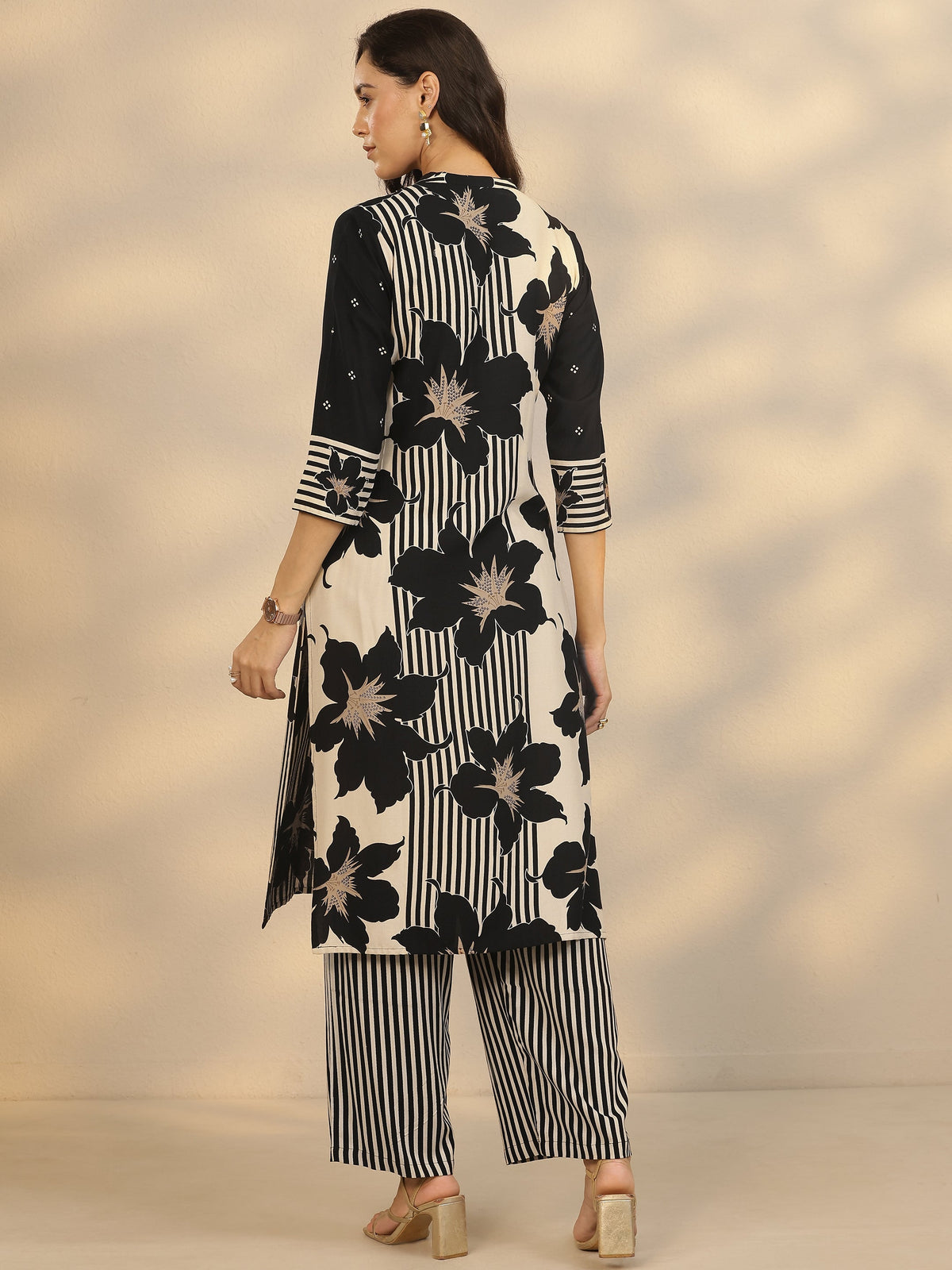 Anouk Black Printed Silk Blend Straight Kurta Set