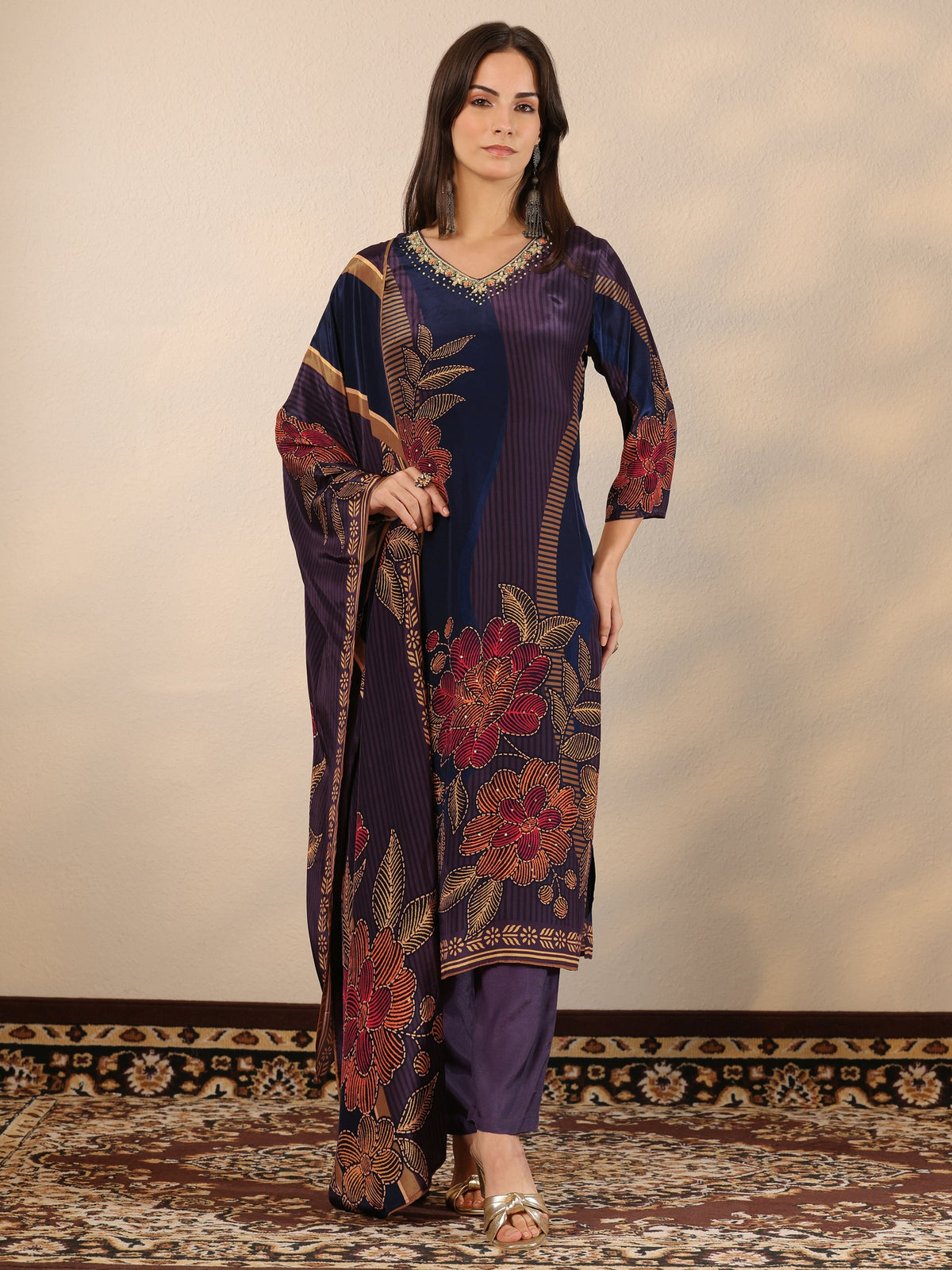Anouk Blue Printed Crepe Straight Suit Set With Dupatta