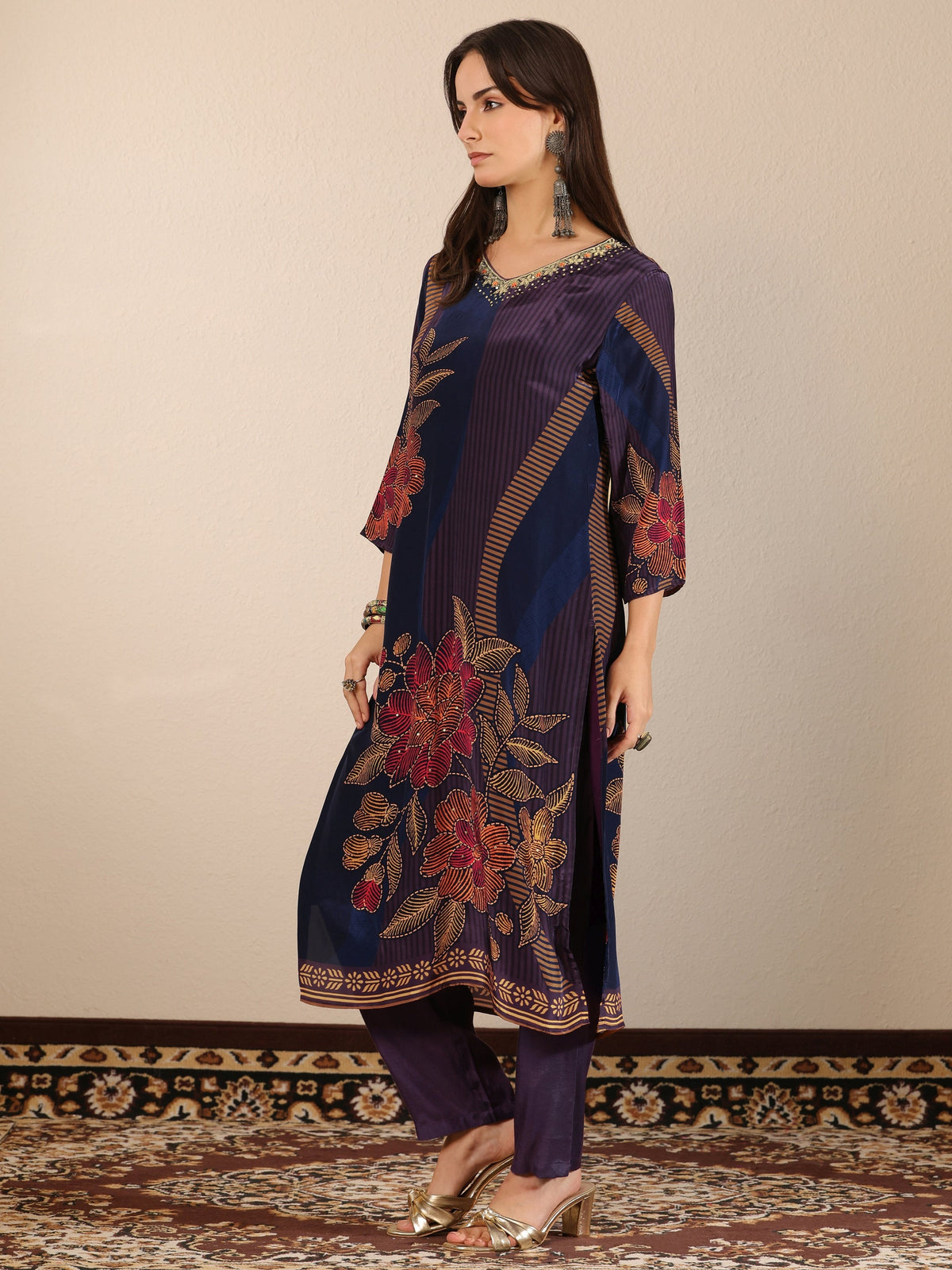 Anouk Blue Printed Crepe Straight Suit Set With Dupatta