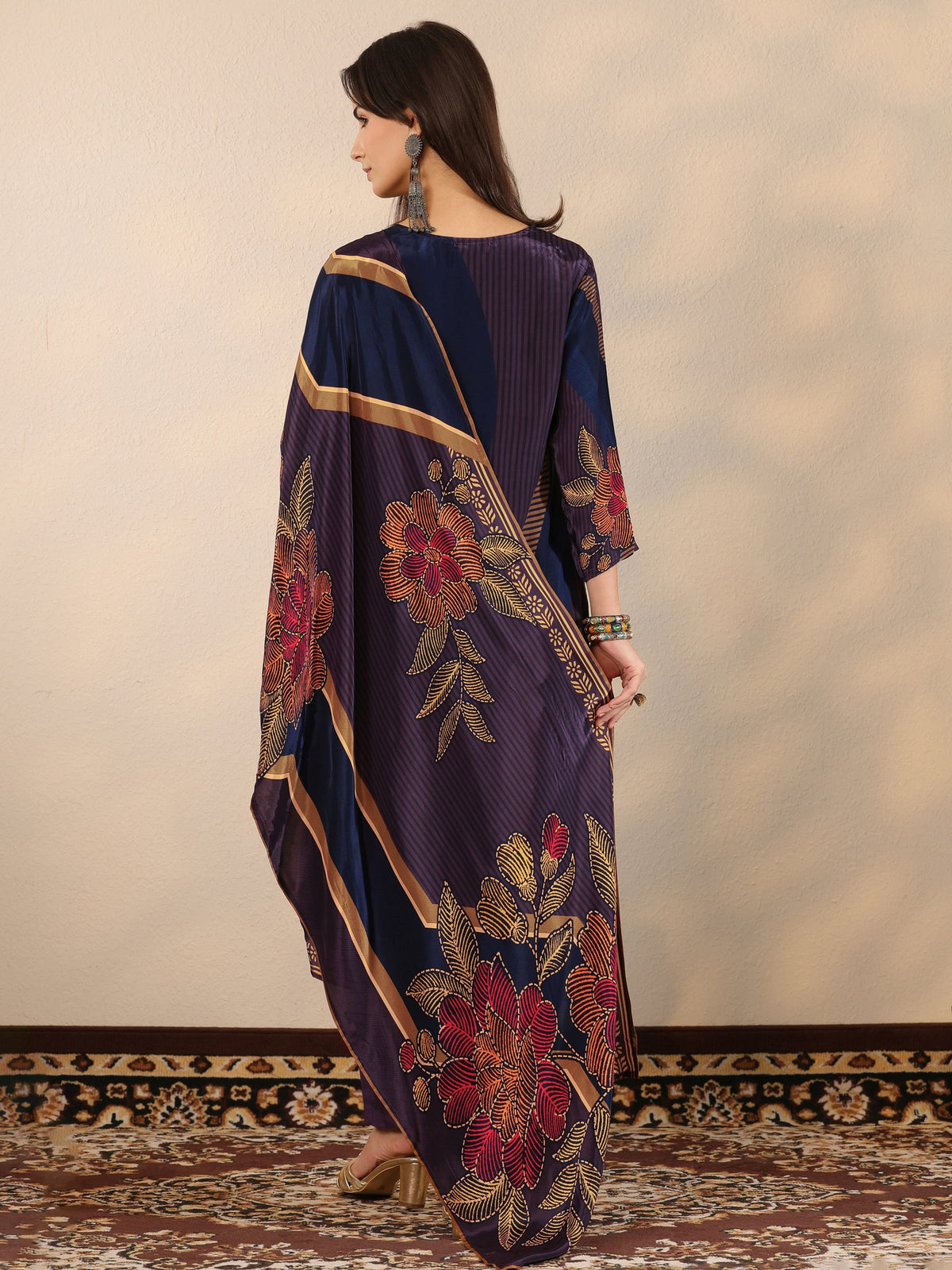 Anouk Blue Printed Crepe Straight Suit Set With Dupatta