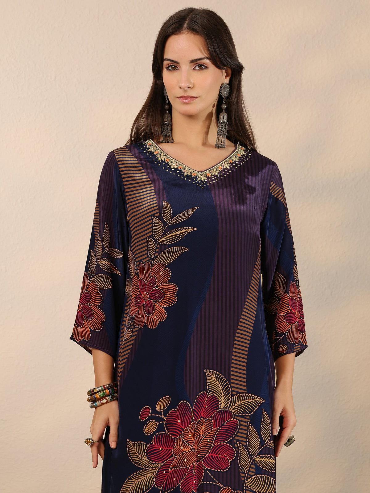 Anouk Blue Printed Crepe Straight Suit Set With Dupatta