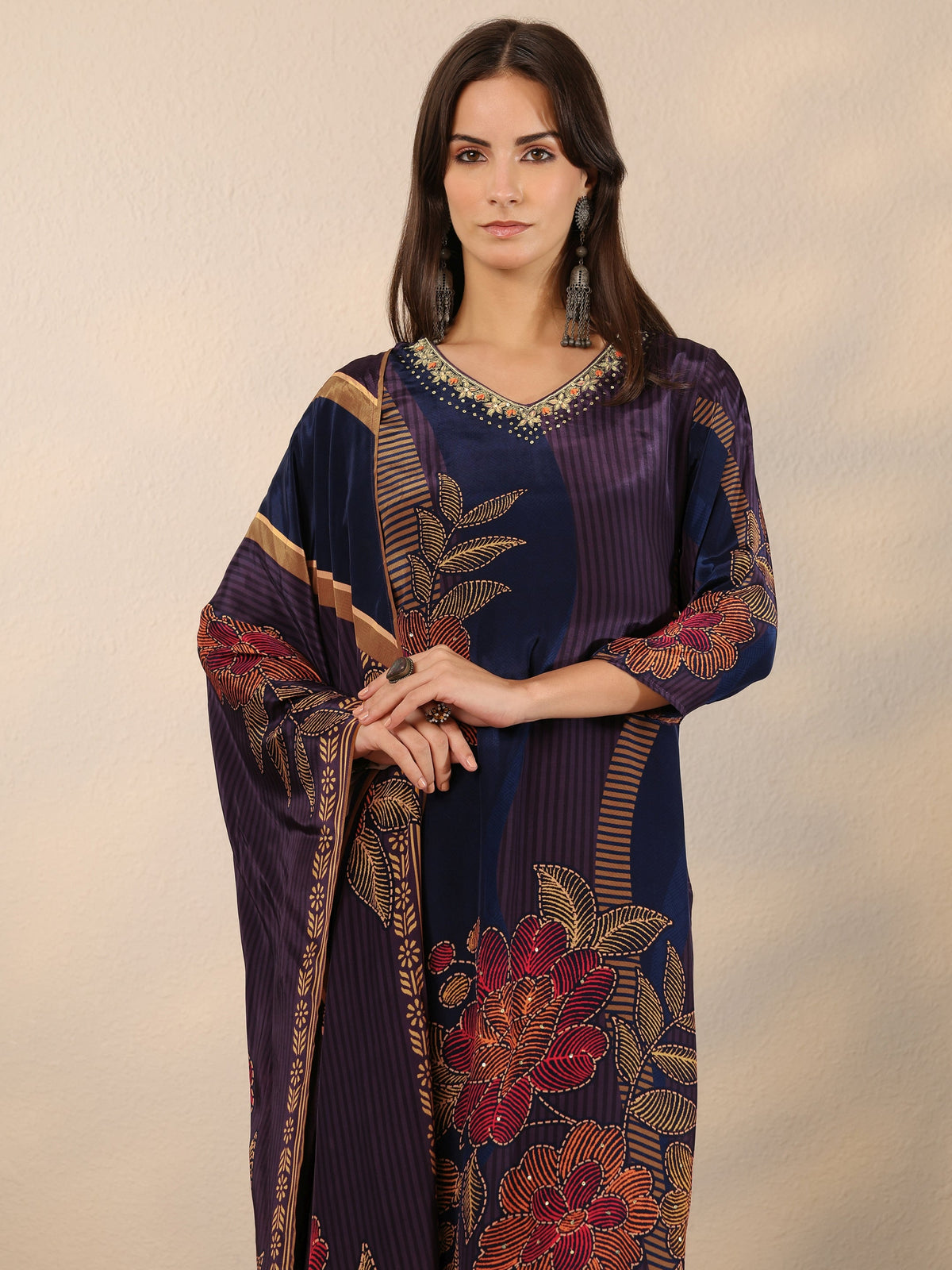 Anouk Blue Printed Crepe Straight Suit Set With Dupatta