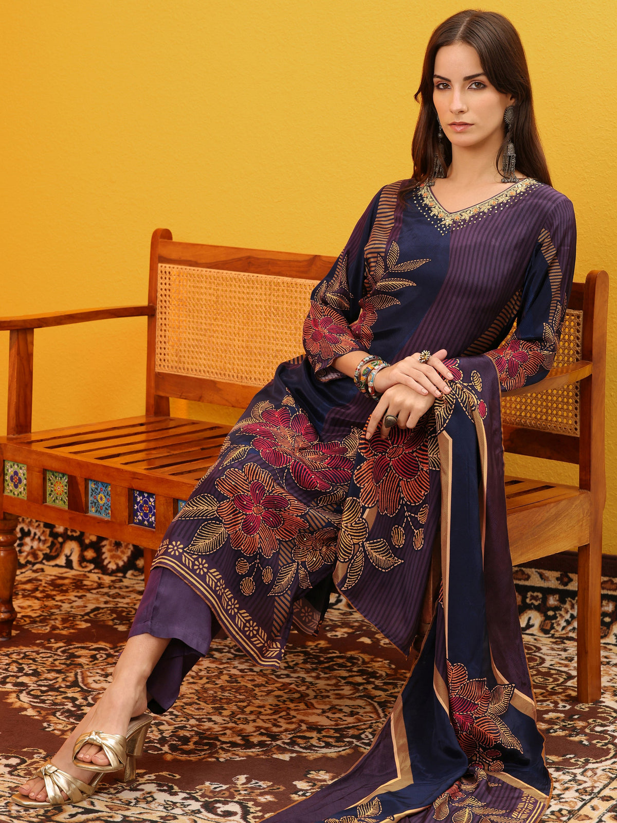 Anouk Blue Printed Crepe Straight Suit Set With Dupatta