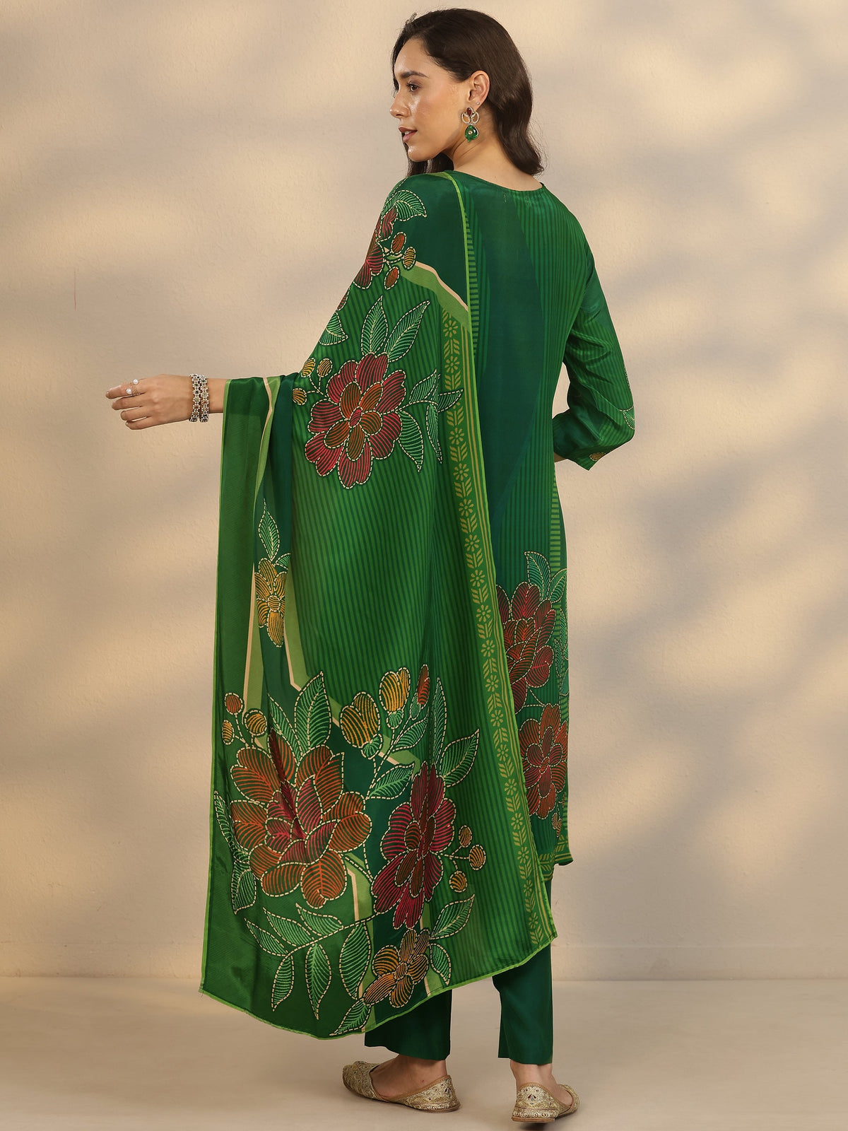 Anouk Green Printed Crepe Straight Suit Set With Dupatta