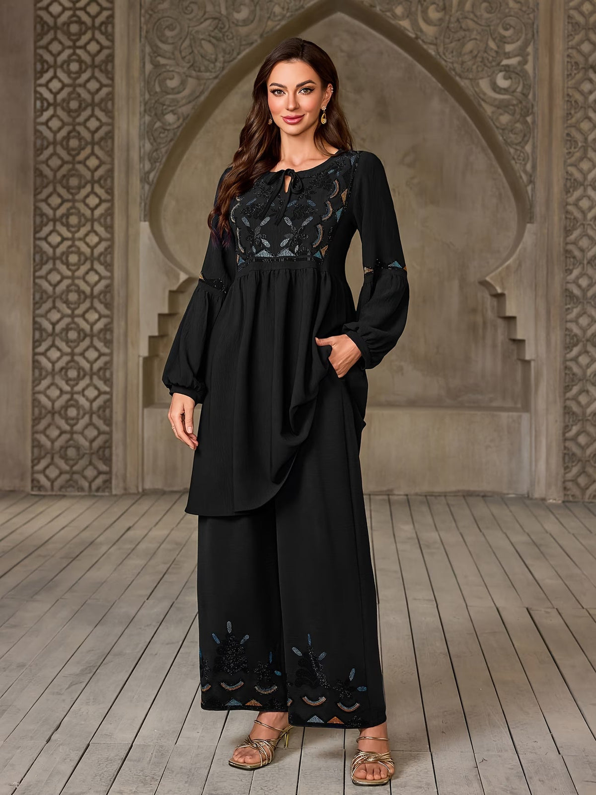 Women's Elegant Rhinestone Detail Long Sleeve Top & Wide-Leg Pants Set