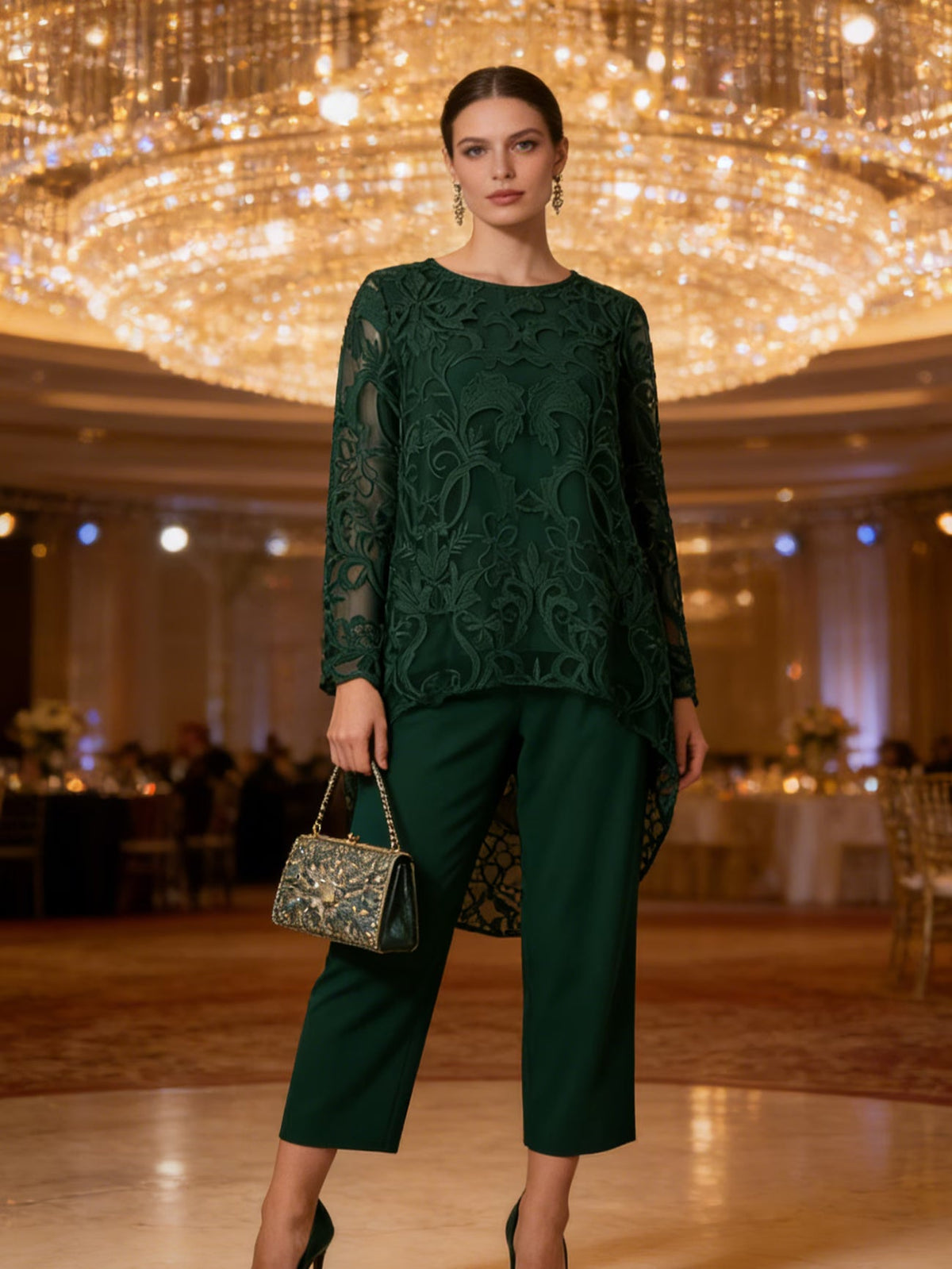 Elegant Lace Chiffon Pantsuit