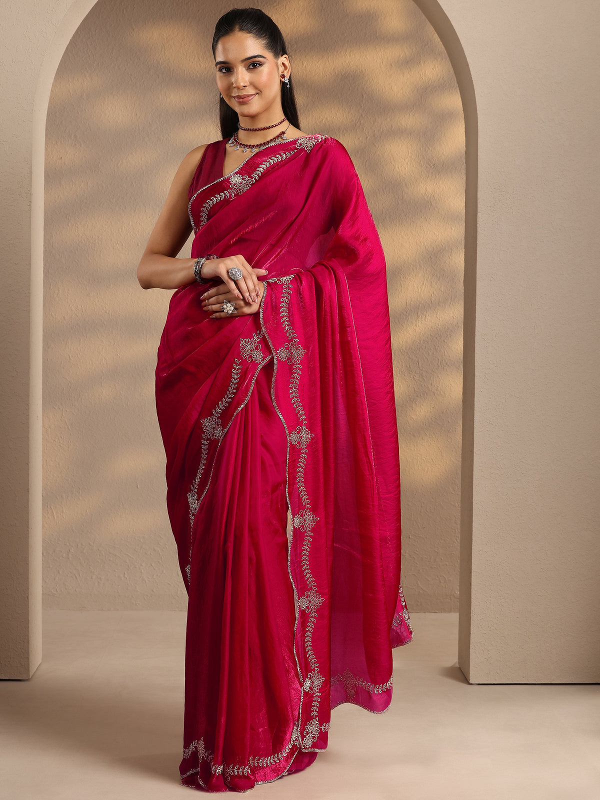 Anouk Red Solid Silk Blend Saree With Unstitched Blouse Piece