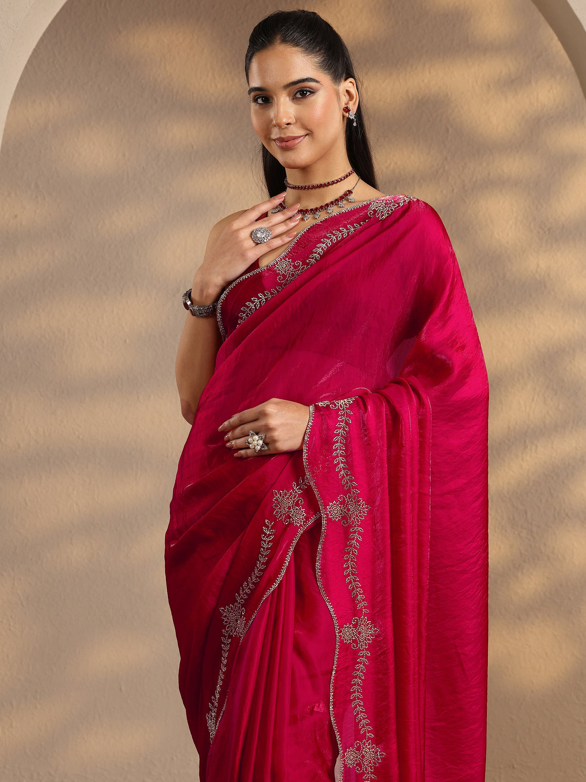 Anouk Red Solid Silk Blend Saree With Unstitched Blouse Piece