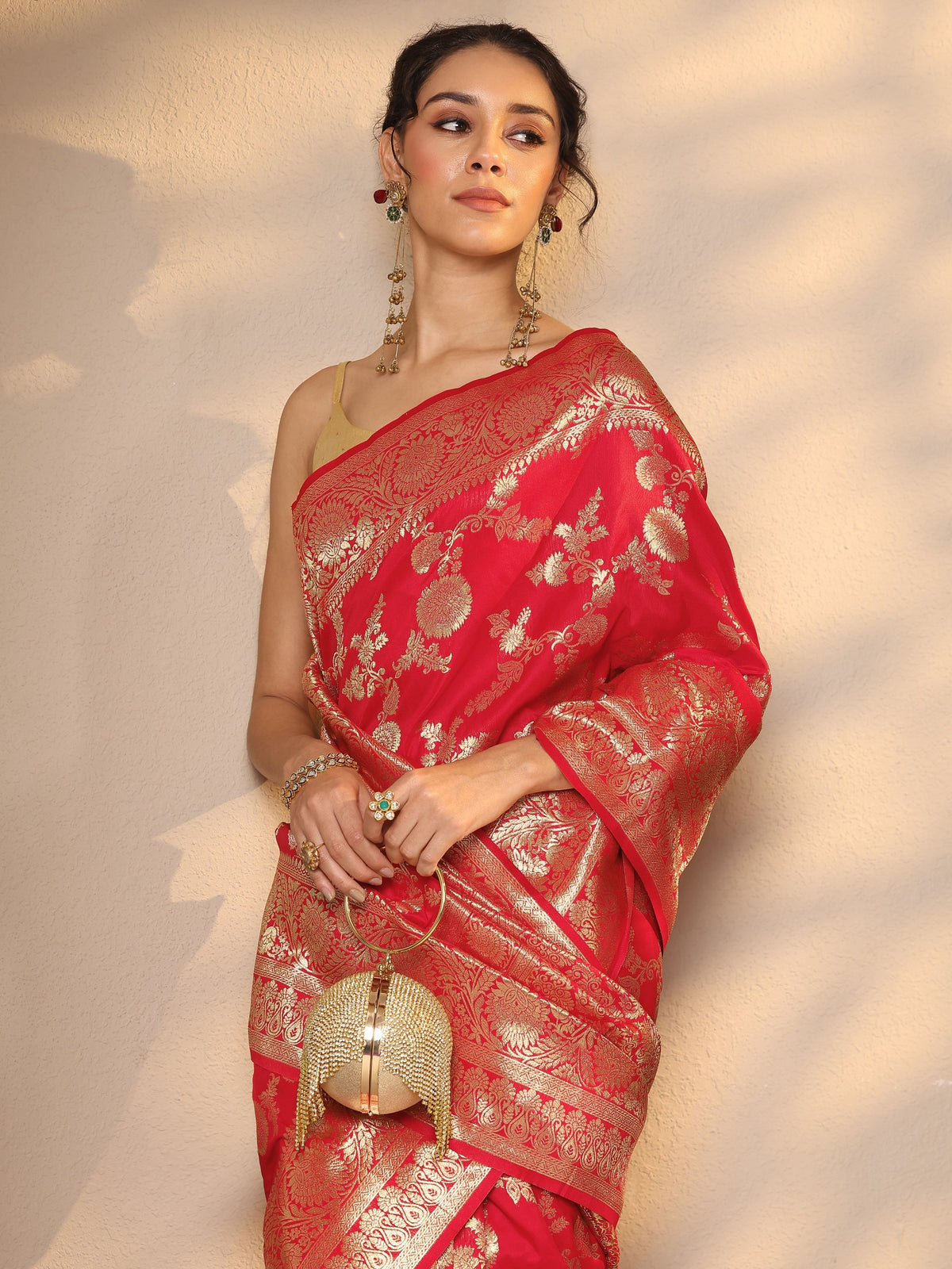 Anouk Red Woven Design Silk Blend Saree With Unstitched Blouse Piece