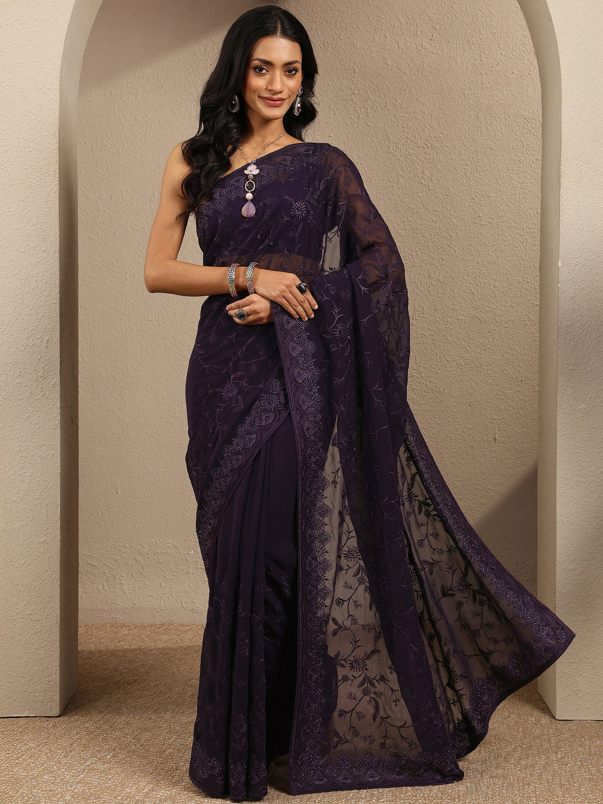 Anouk Purple Embroidered Georgette Saree With Unstitched Blouse Piece
