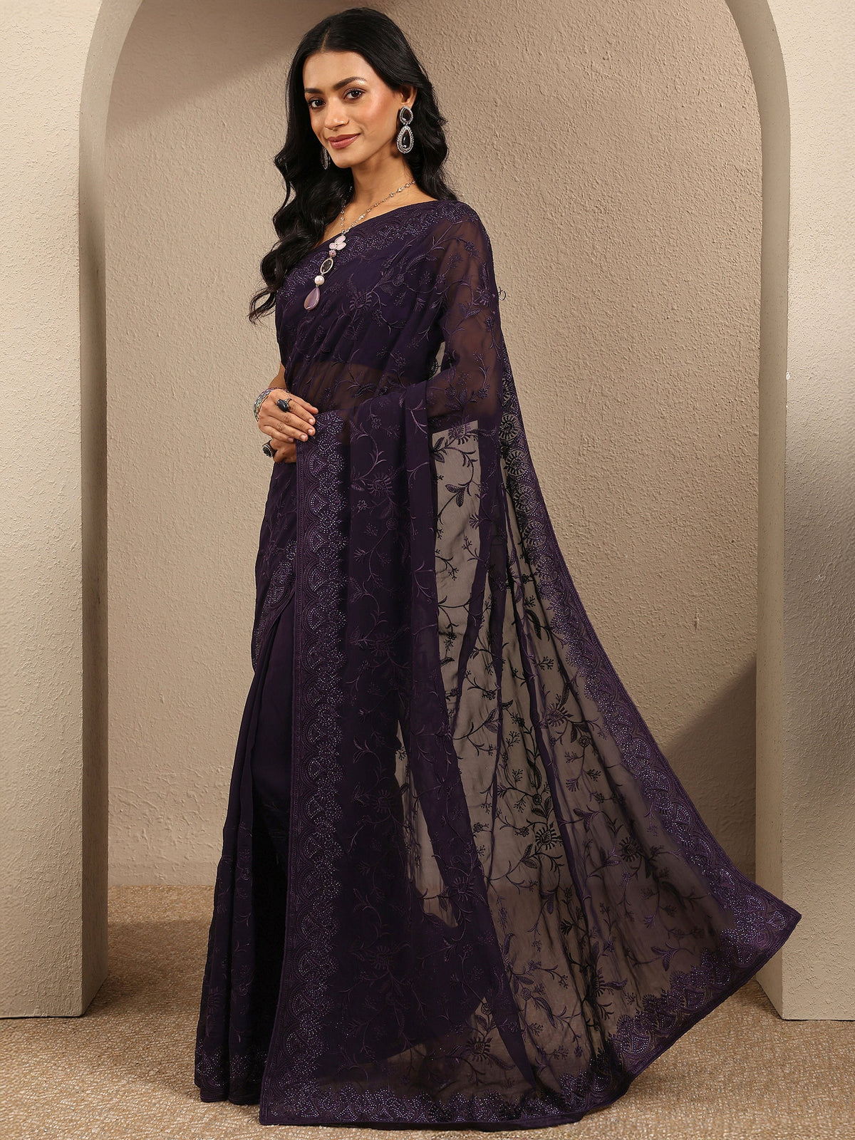 Anouk Purple Embroidered Georgette Saree With Unstitched Blouse Piece