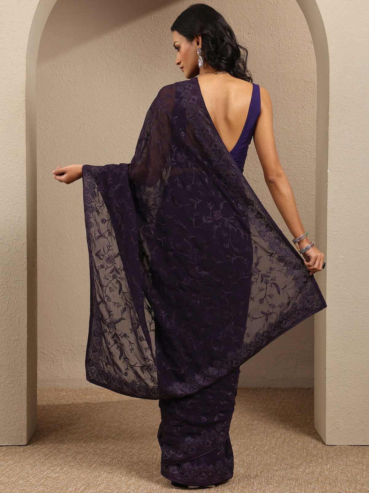 Anouk Purple Embroidered Georgette Saree With Unstitched Blouse Piece