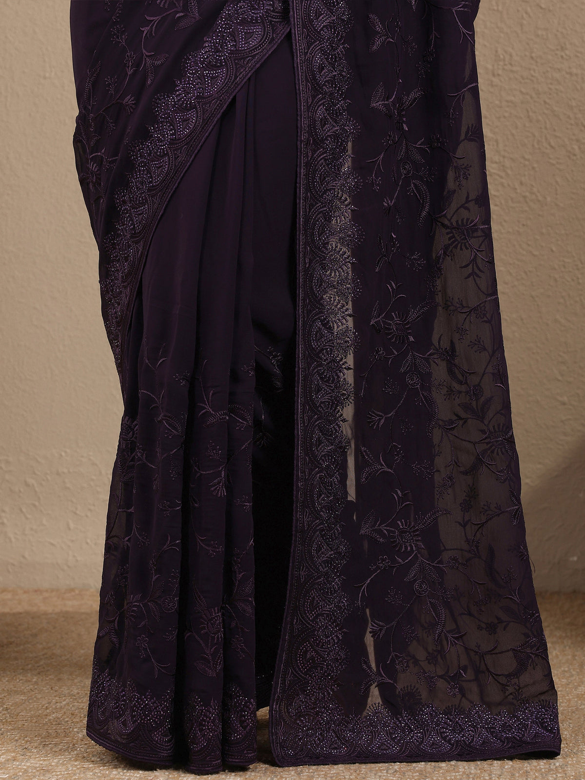 Anouk Purple Embroidered Georgette Saree With Unstitched Blouse Piece