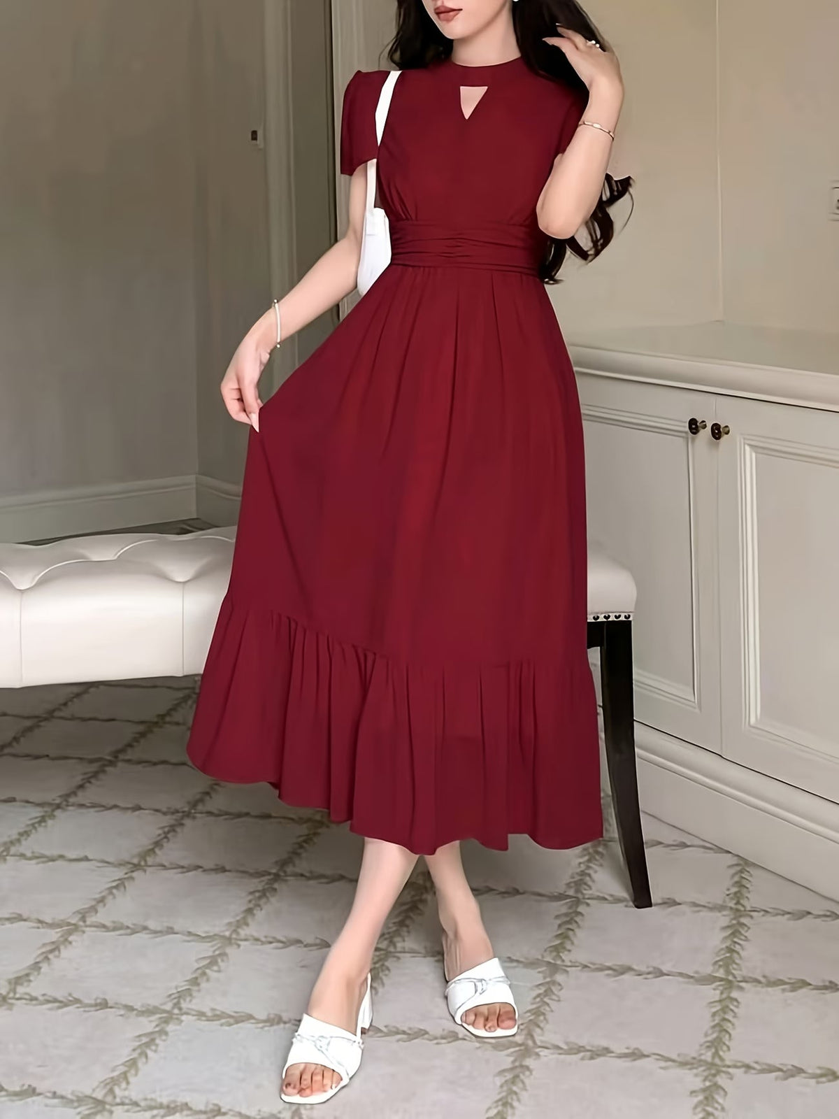 Women's Elegant Pleated Waist Ruffle Hem Maxi Dress