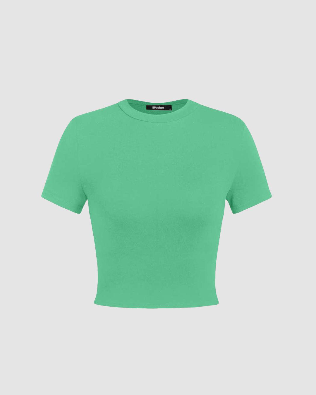 Set Of Three: Solid Round Neck Crop Tee In Grey, Green And Pink